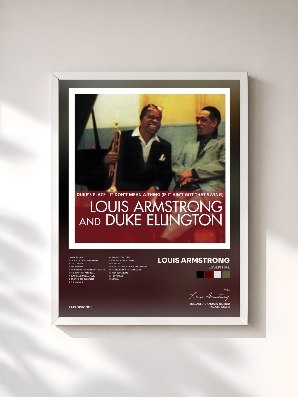 #blanc Tableau de l'album Essential de Louis Armstrong, cadre blanc, imprimé et encadré en France