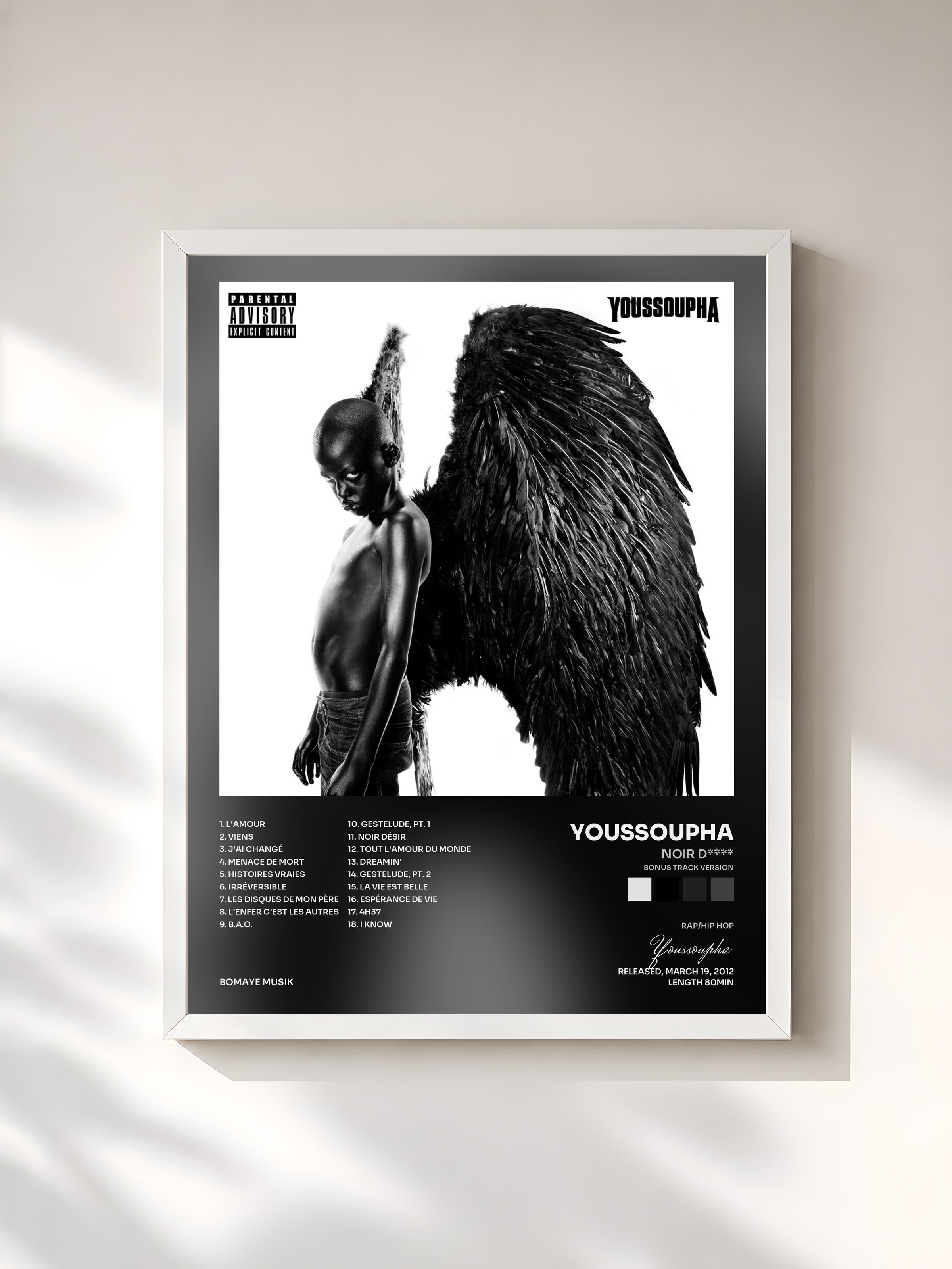 #blanc Tableau de l'album Noir D**** (Bonus Track Version) de Youssoupha, cadre blanc, imprimé et encadré en France