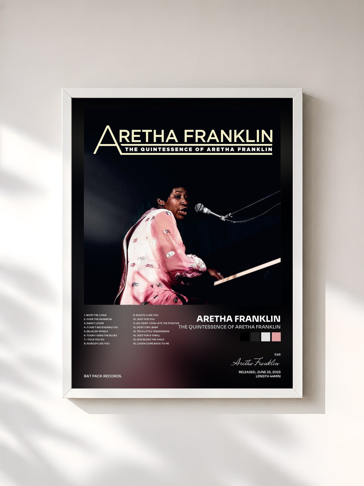 #blanc Tableau de l'album The Quintessence of Aretha Franklin de Aretha Franklin, cadre blanc, imprimé et encadré en France