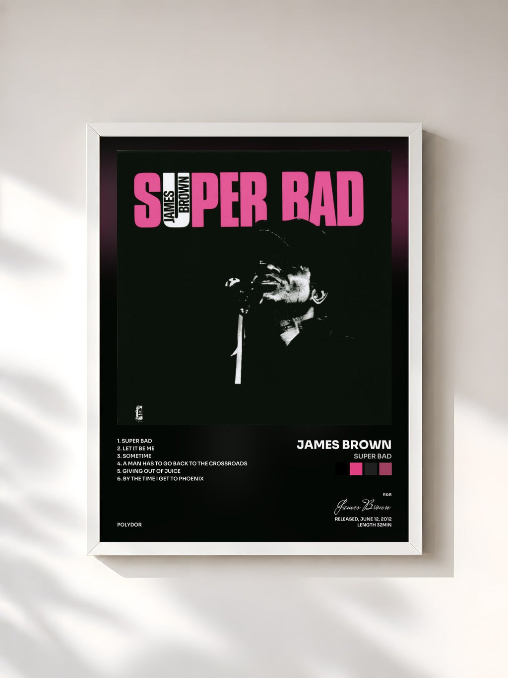 #blanc Super Bad by James Brown as a framed art print, white frame, printed and framed in France