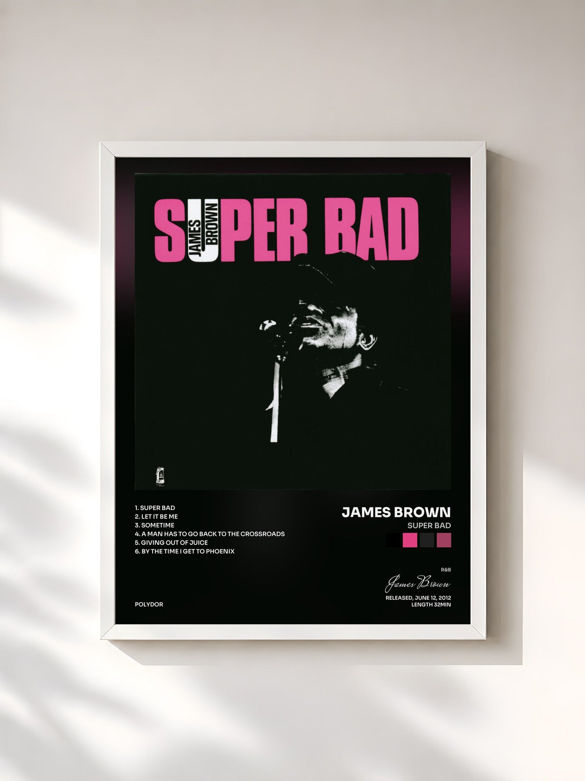 #blanc Tableau de l'album Super Bad de James Brown, cadre blanc, imprimé et encadré en France