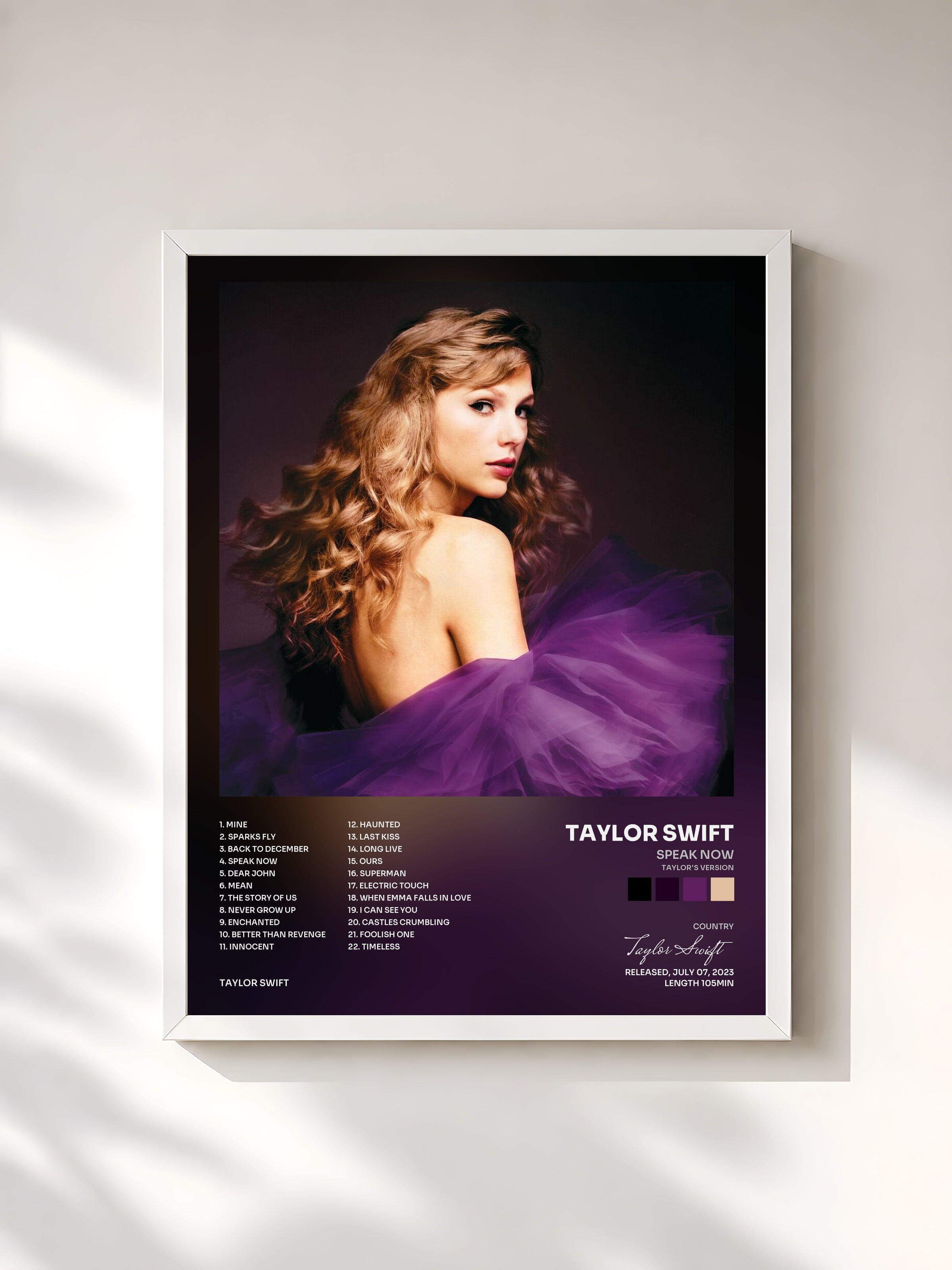 #blanc Tableau de l'album Speak Now (Taylor's Version) de Taylor Swift, cadre blanc, imprimé et encadré en France