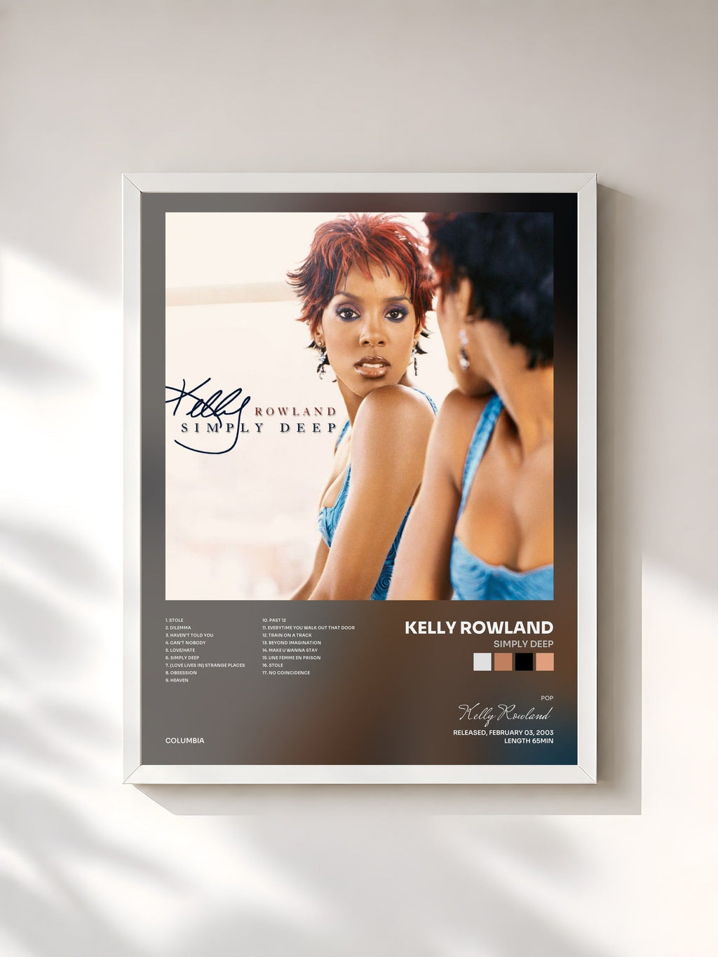 #blanc Tableau de l'album Simply Deep de Kelly Rowland, cadre blanc, imprimé et encadré en France