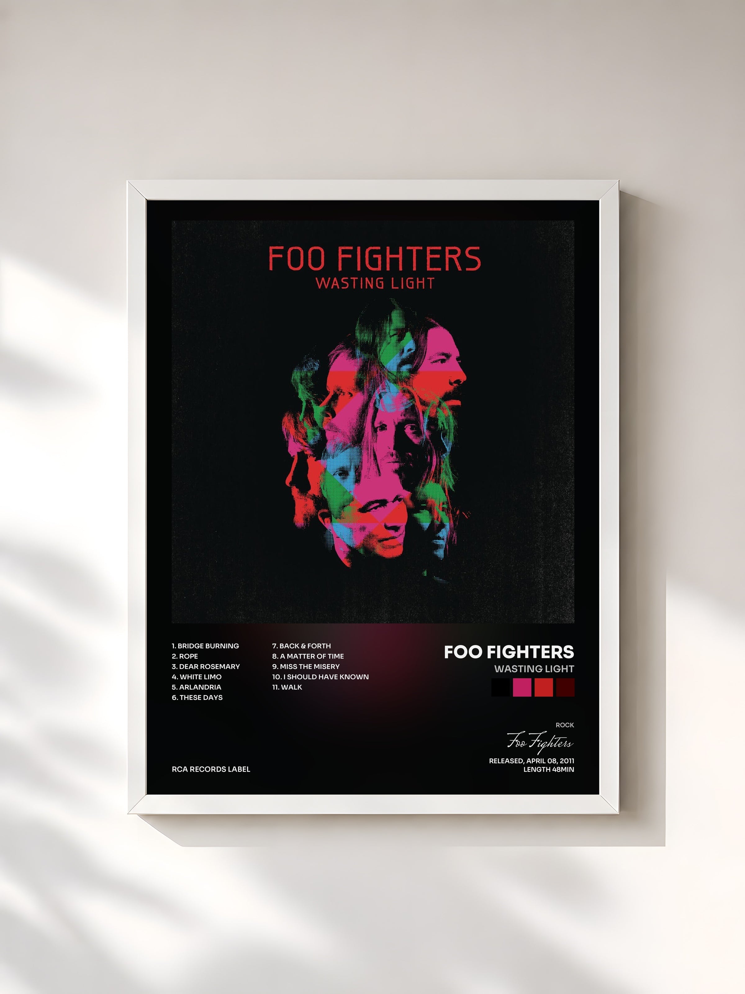 #blanc Tableau de l'album Wasting Light de Foo Fighters, cadre blanc, imprimé et encadré en France