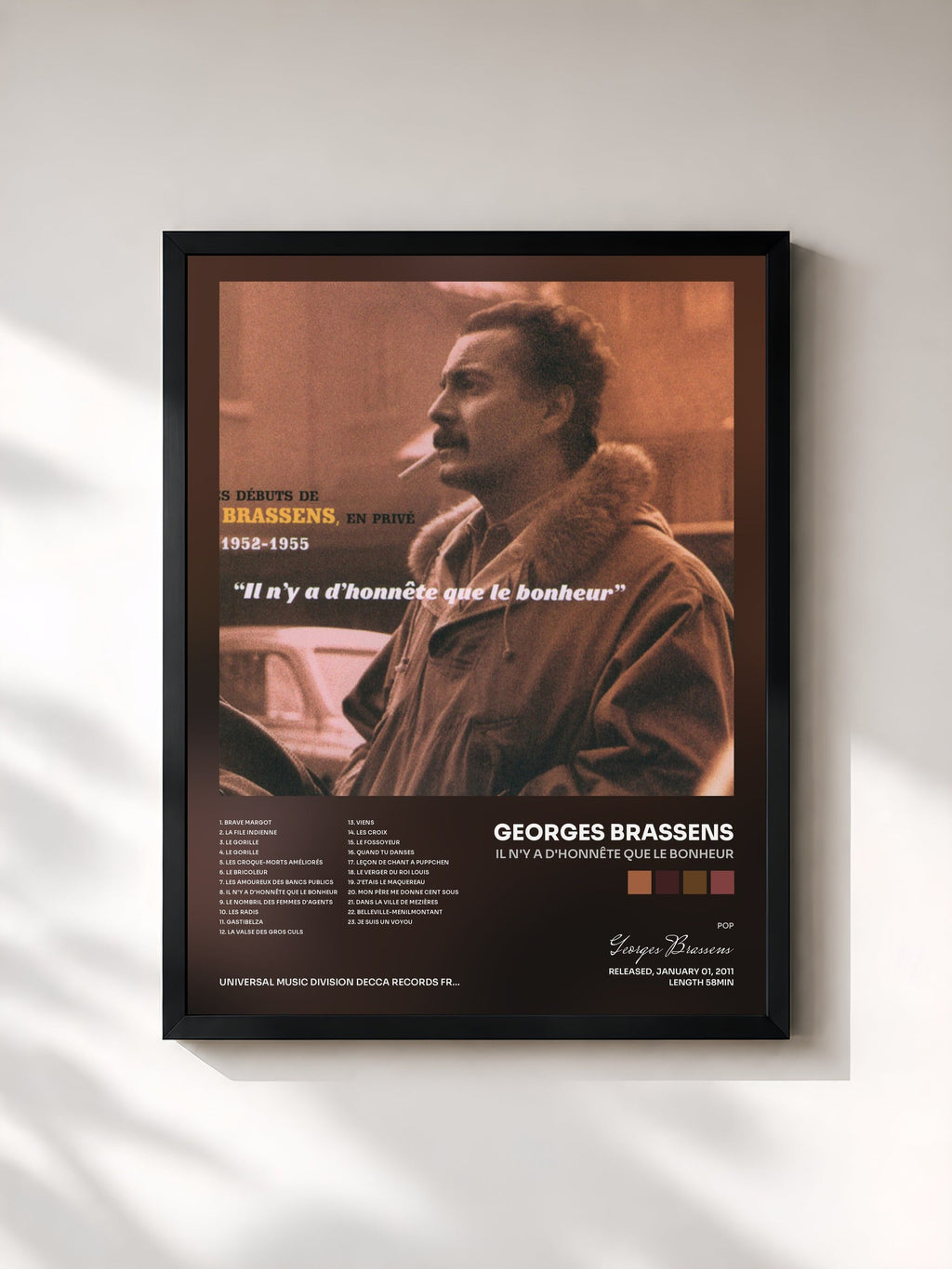 #noir Tableau de l'album Il N'Y A D'Honnête Que Le Bonheur de Georges Brassens, cadre noir, imprimé et encadré en France