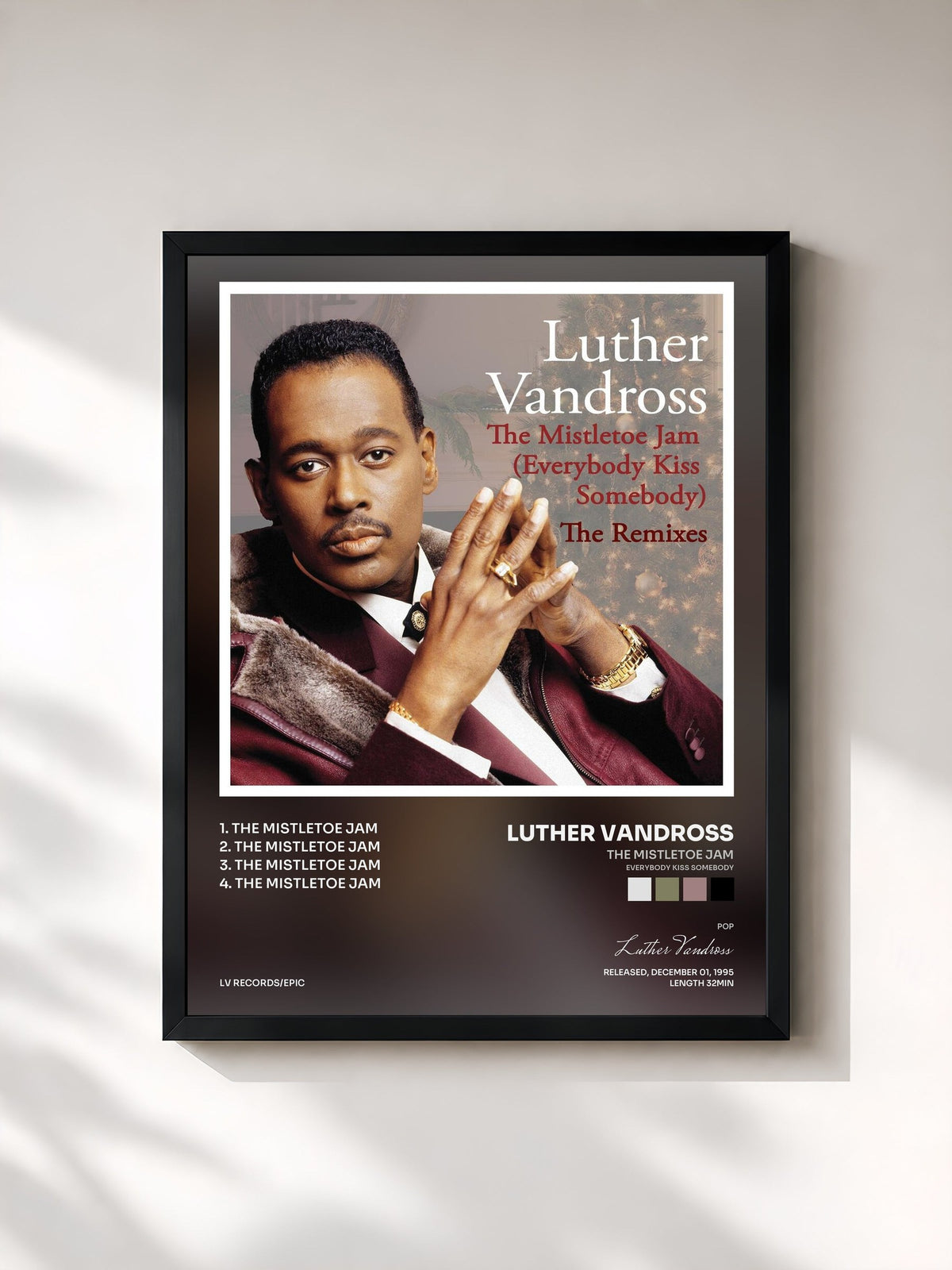 #noir Tableau de l'album The Mistletoe Jam (Everybody Kiss Somebody) - The Remixes de Luther Vandross, cadre noir, imprimé et encadré en France