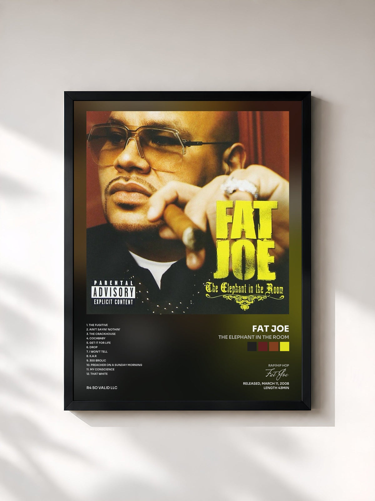 #noir Tableau de l'album The Elephant In The Room de Fat Joe, cadre noir, imprimé et encadré en France