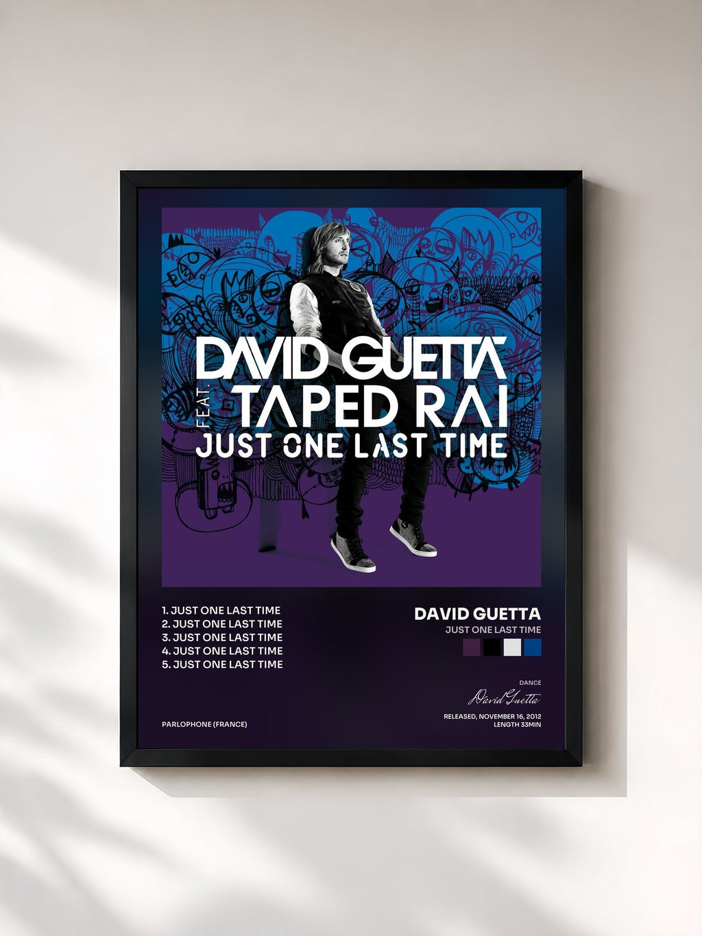 #noir Tableau de l'album Just One Last Time de David Guetta, cadre noir, imprimé et encadré en France
