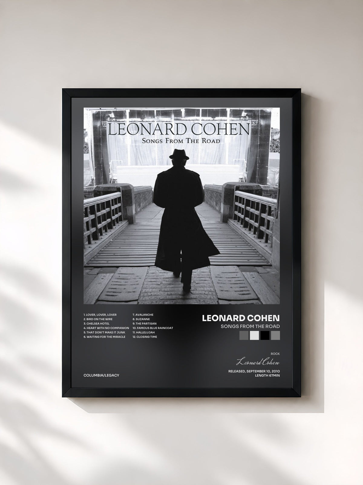 #noir Tableau de l'album Songs From The Road de Leonard Cohen, cadre noir, imprimé et encadré en France