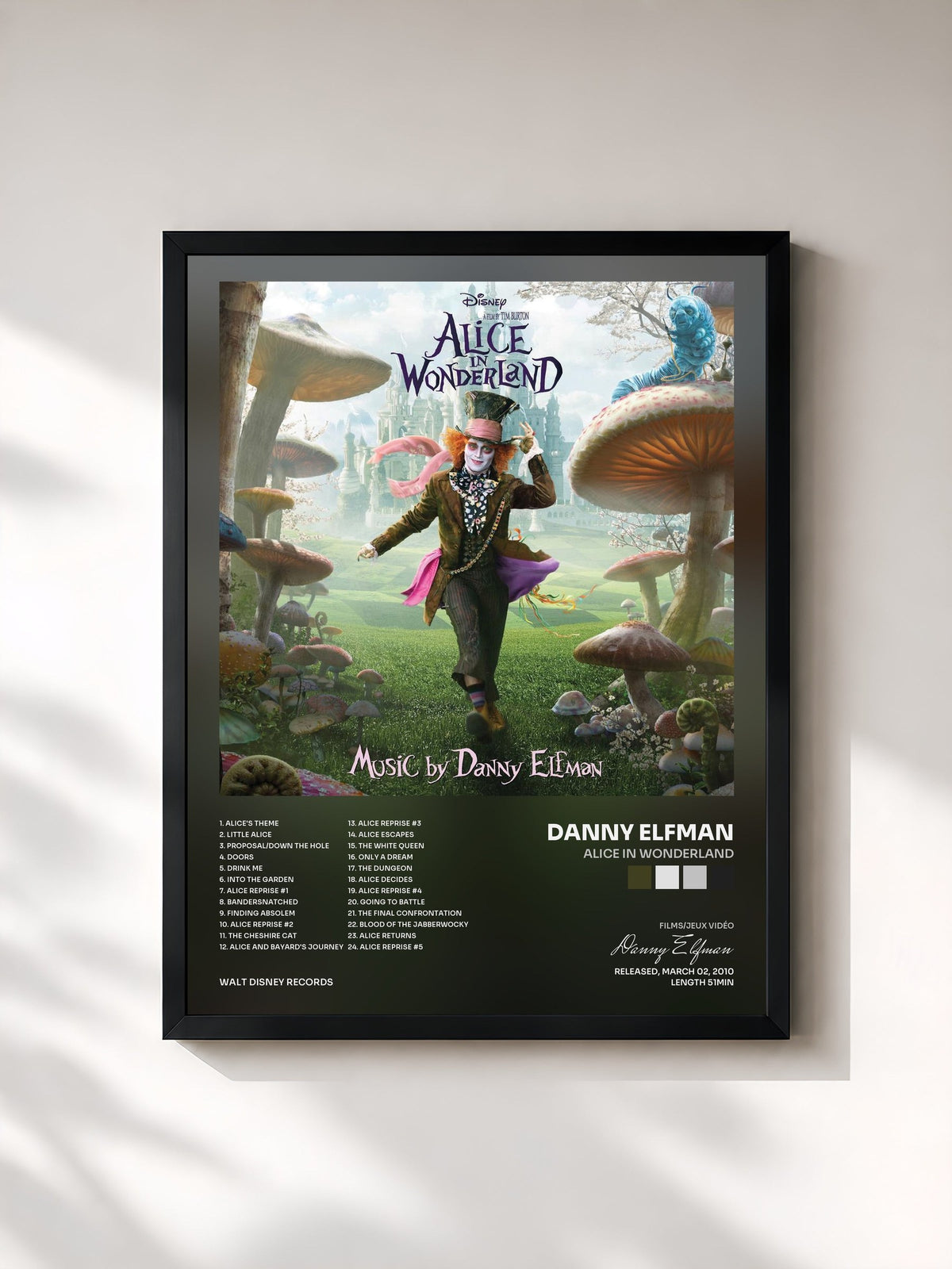 #noir Tableau de l'album Alice in Wonderland de Danny Elfman, cadre noir, imprimé et encadré en France