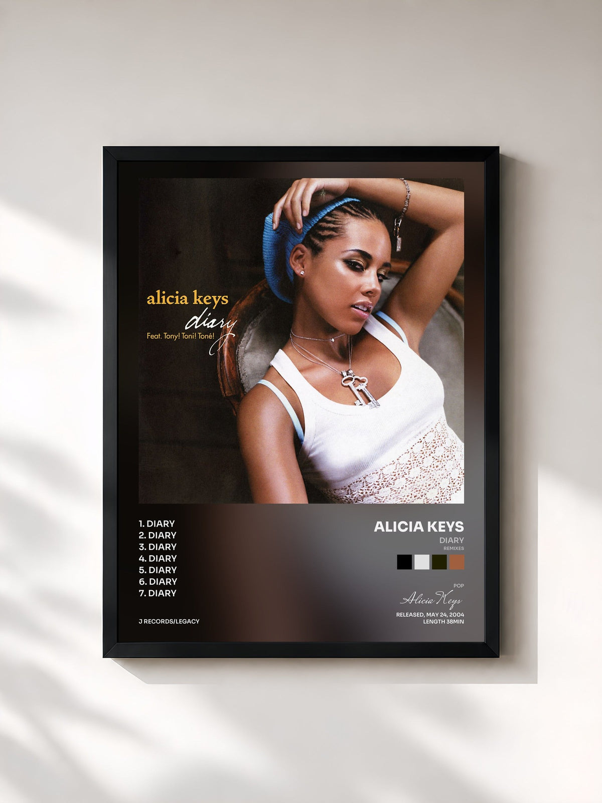 #noir Tableau de l'album Diary (Remixes) de Alicia Keys, cadre noir, imprimé et encadré en France