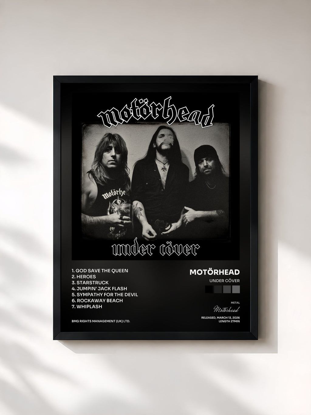 #noir Tableau de l'album Under Cöver de Motörhead, cadre noir, imprimé et encadré en France