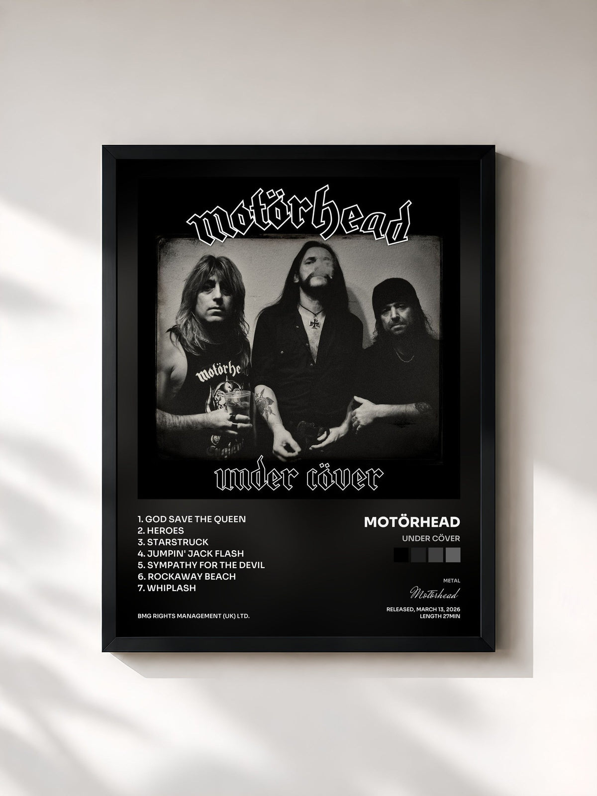 #noir Tableau de l'album Under Cöver de Motörhead, cadre noir, imprimé et encadré en France