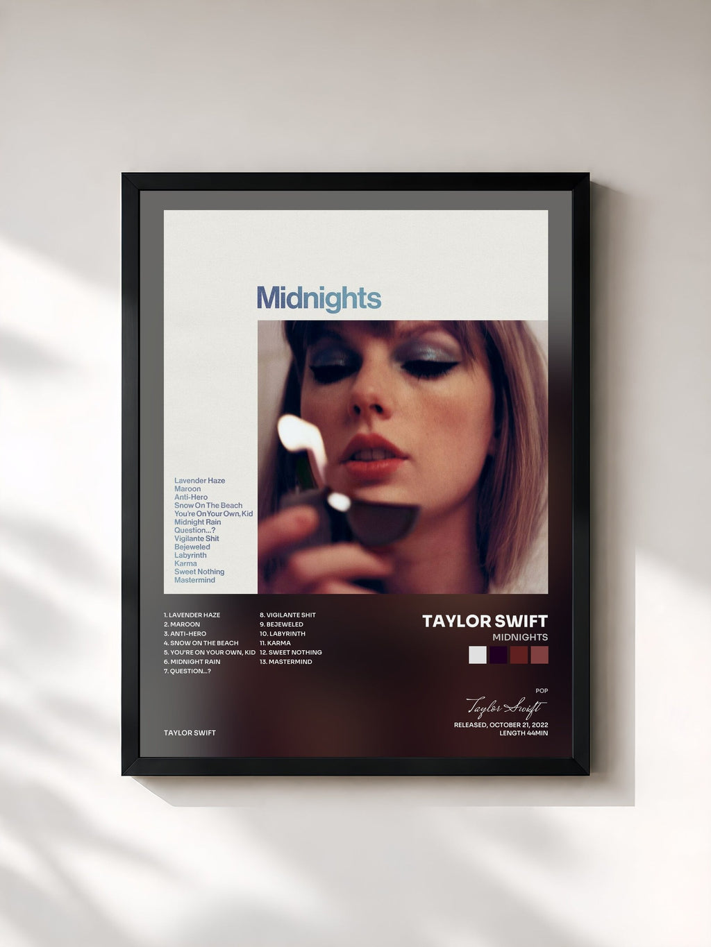 #noir Tableau de l'album Midnights de Taylor Swift, cadre noir, imprimé et encadré en France