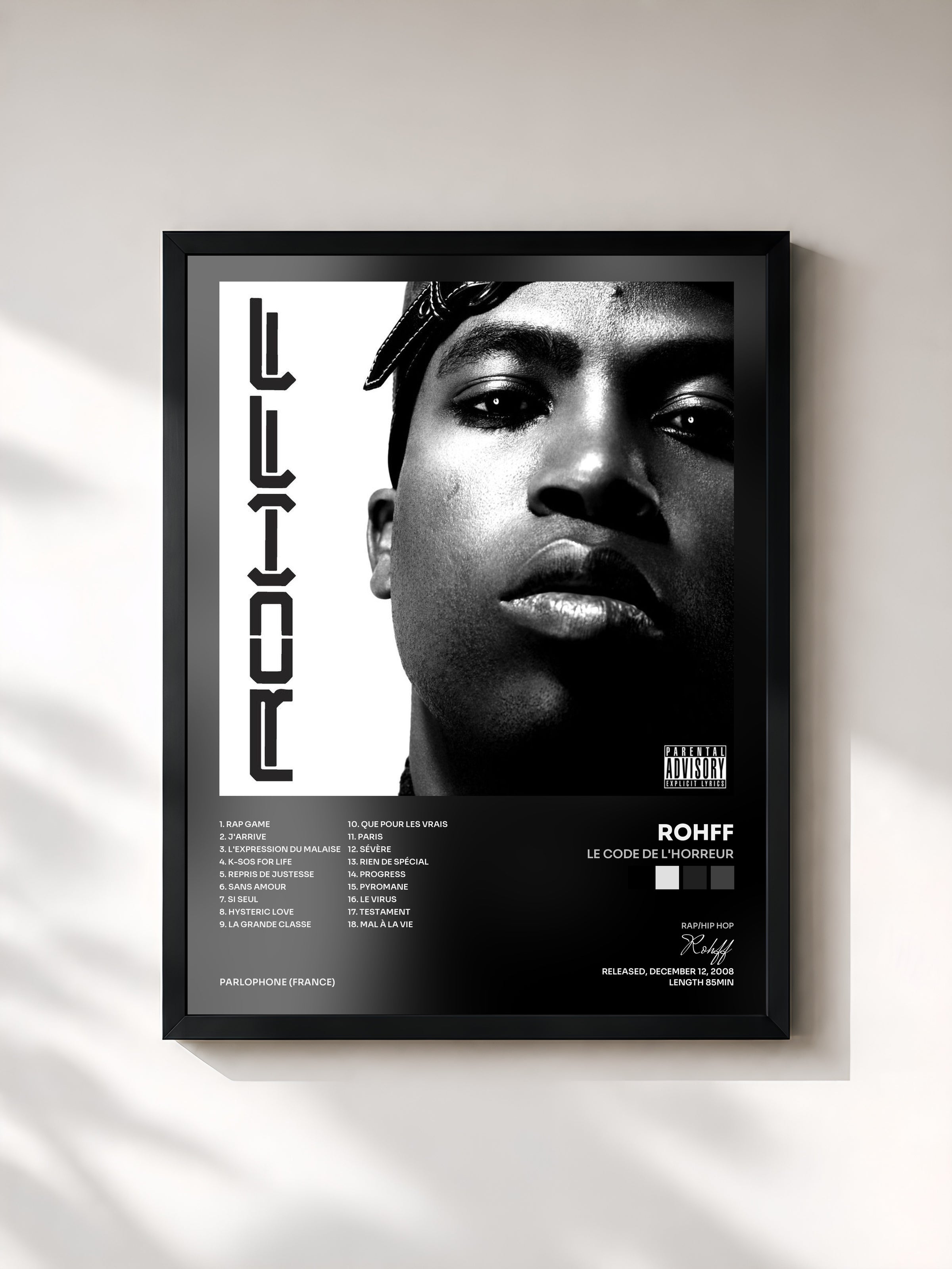 #noir Tableau de l'album Le Code De L'horreur de Rohff, cadre noir, imprimé et encadré en France