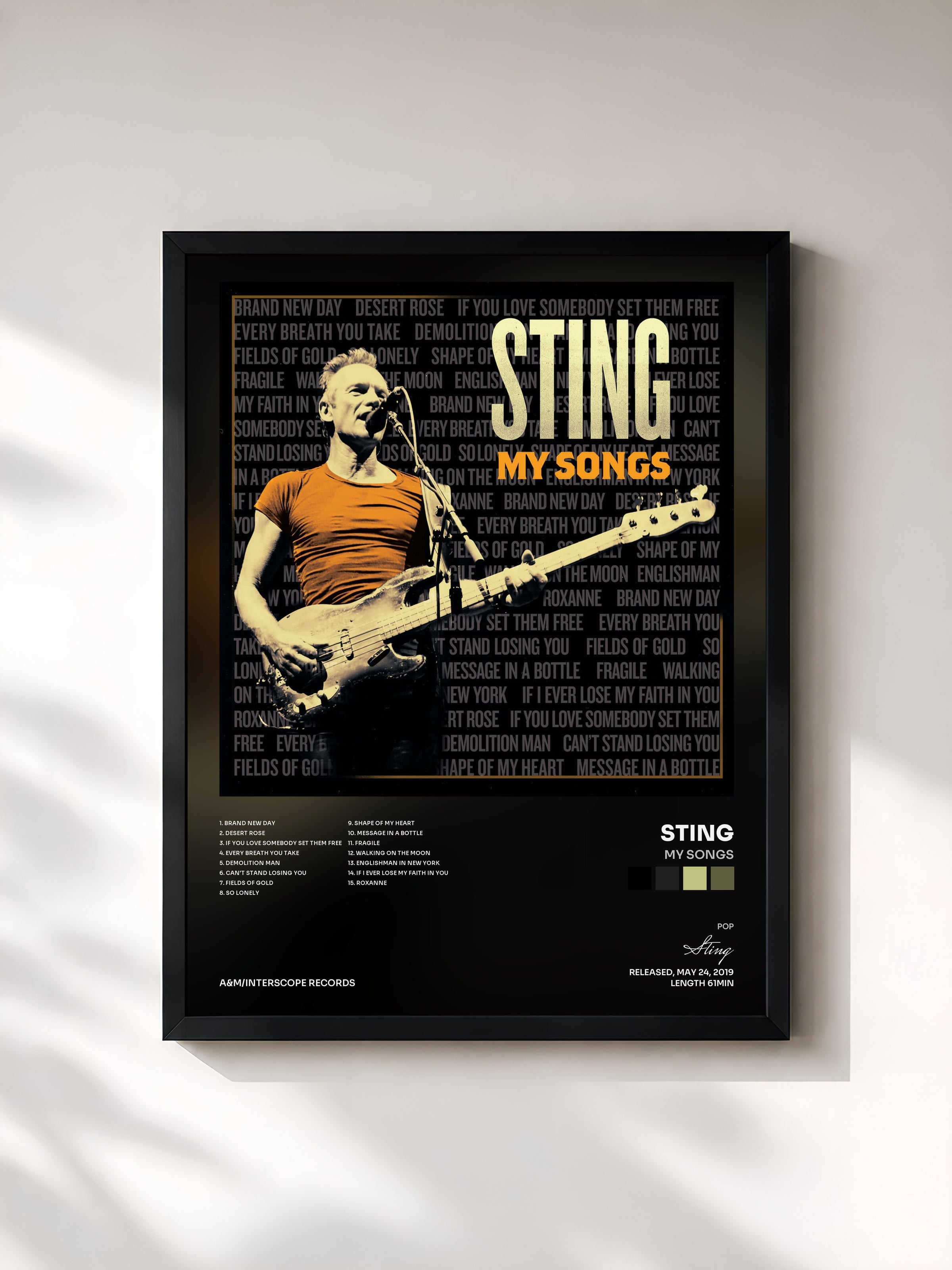 #noir My Songs by Sting as a framed art print, black frame, printed and framed in France