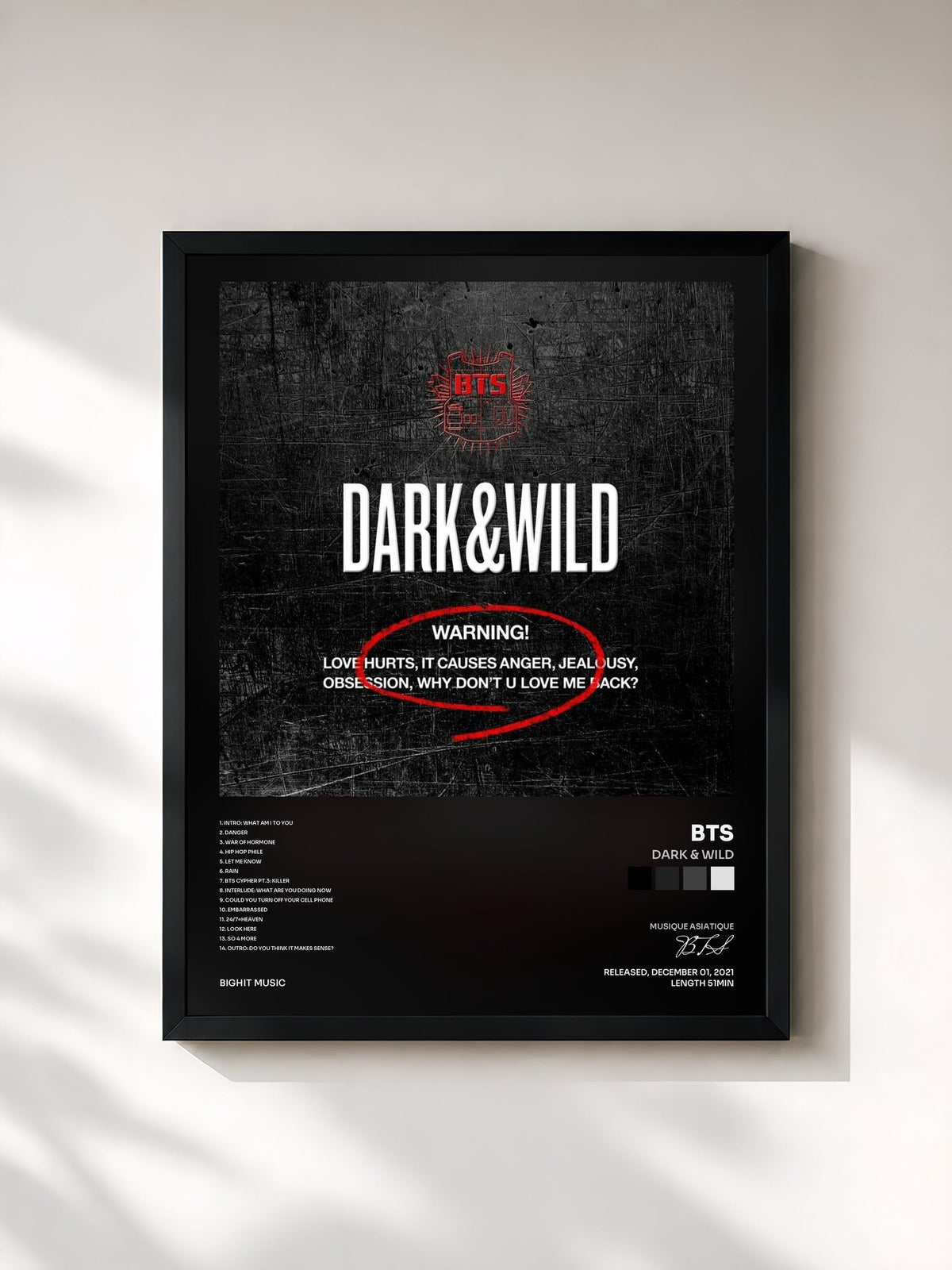 #noir Tableau de l'album Dark & Wild de BTS, cadre noir, imprimé et encadré en France