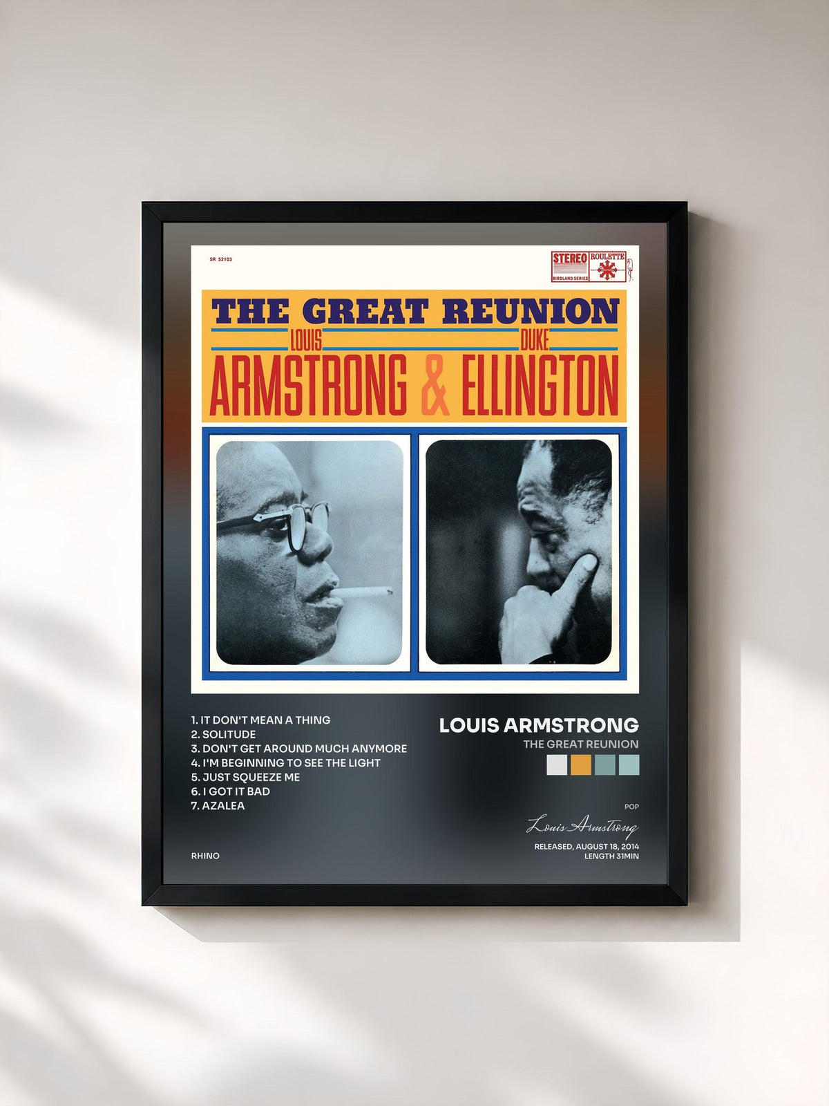#noir Tableau de l'album The Great Reunion de Louis Armstrong, cadre noir, imprimé et encadré en France