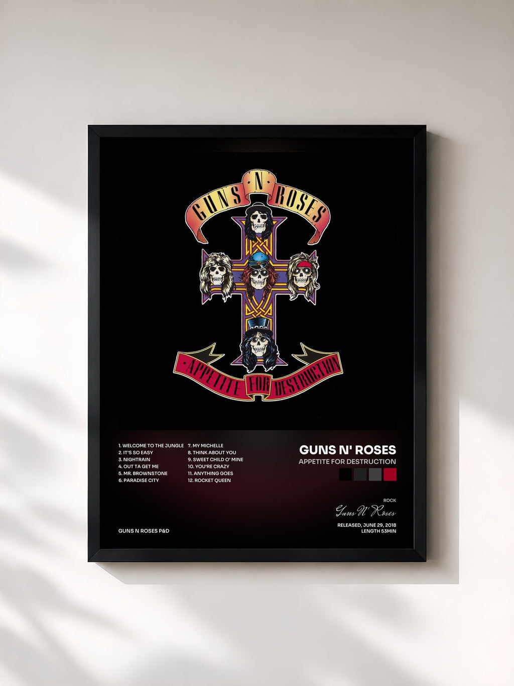 #noir Tableau de l'album Appetite For Destruction de Guns N' Roses, cadre noir, imprimé et encadré en France