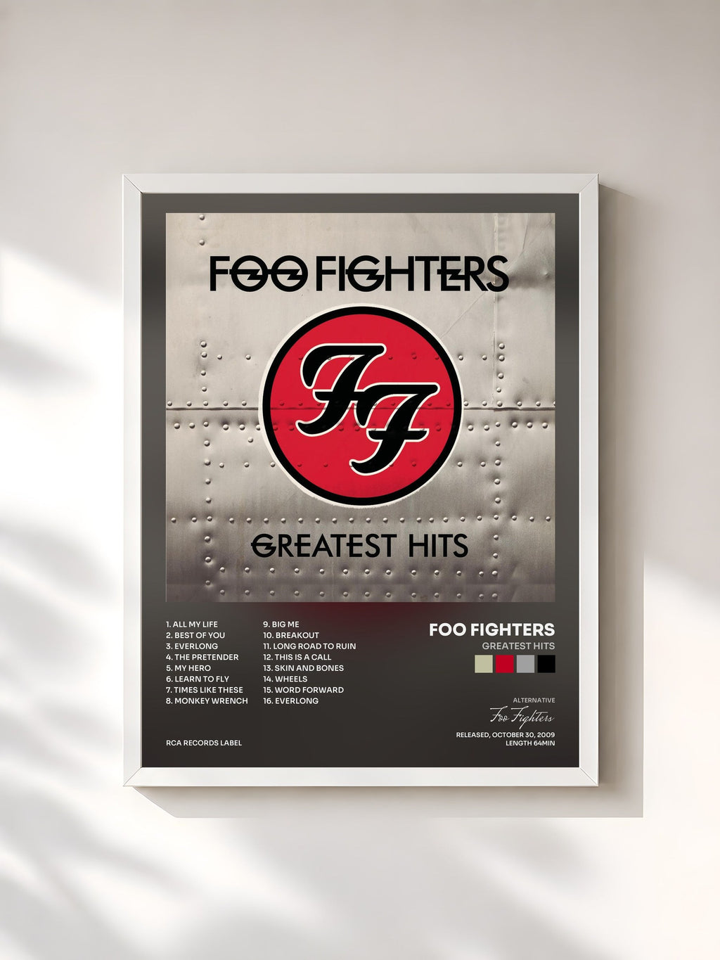 #blanc Tableau de l'album Greatest Hits de Foo Fighters, cadre blanc, imprimé et encadré en France