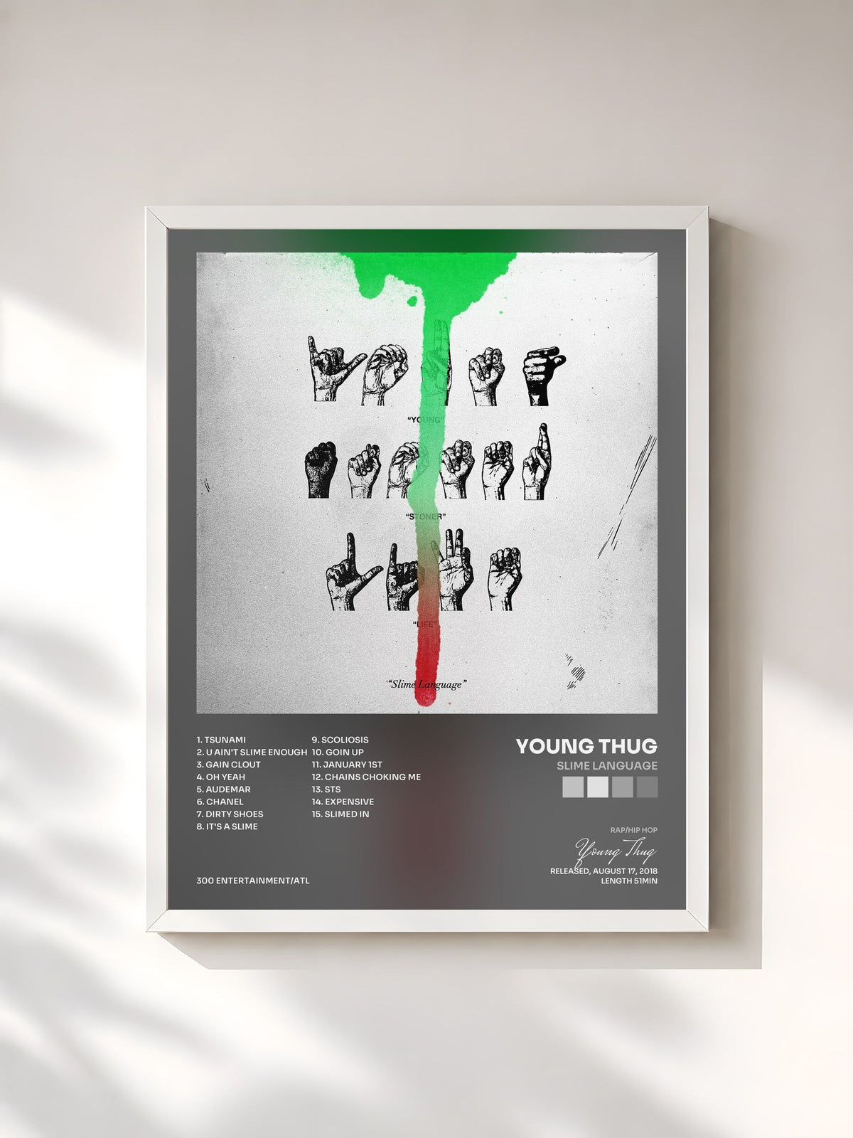 #blanc Tableau de l'album Slime Language de Young Thug, cadre blanc, imprimé et encadré en France