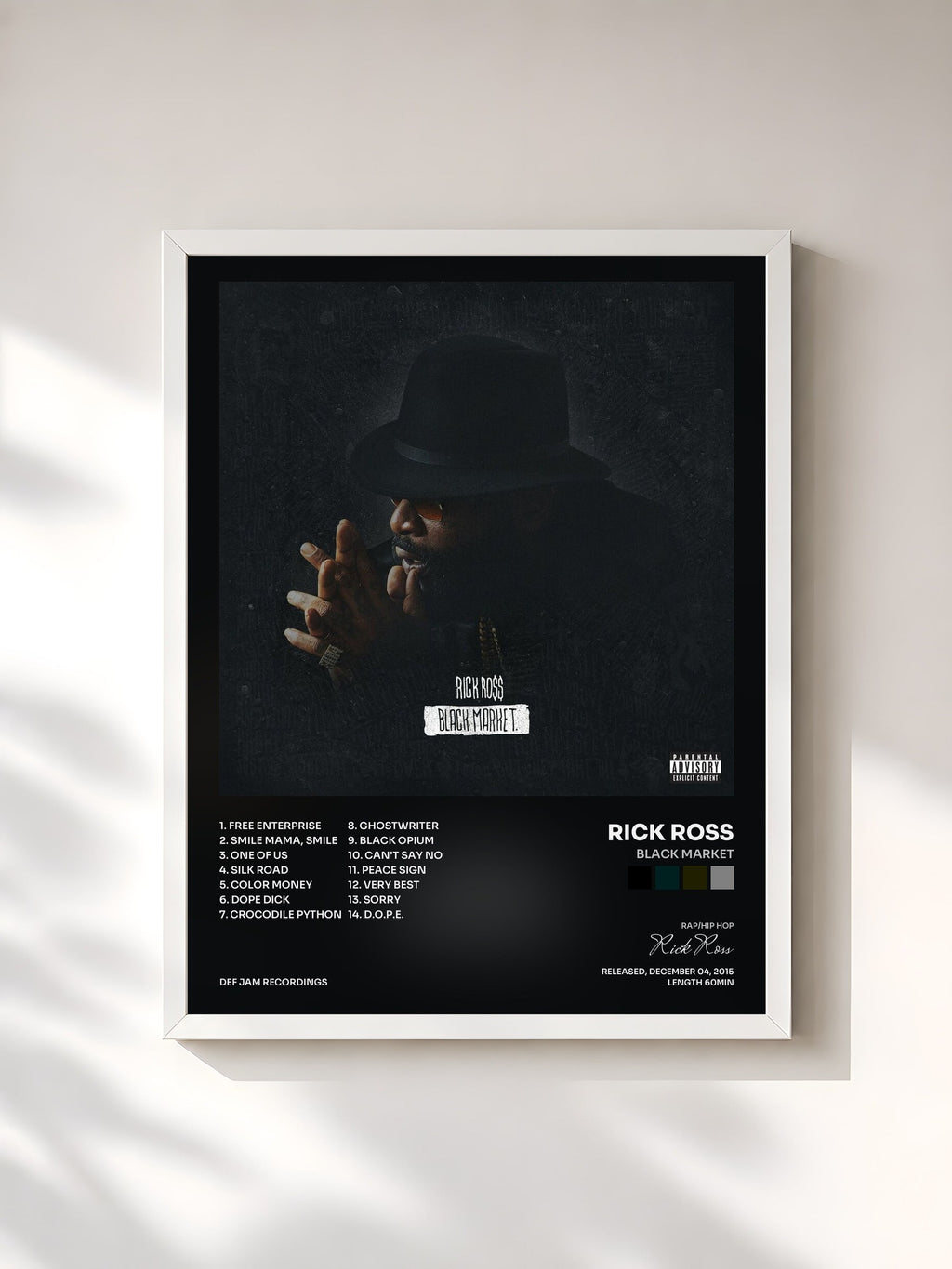 #blanc Tableau de l'album Black Market de Rick Ross, cadre blanc, imprimé et encadré en France