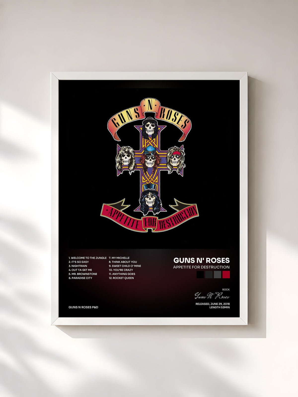 #blanc Tableau de l'album Appetite For Destruction de Guns N' Roses, cadre blanc, imprimé et encadré en France