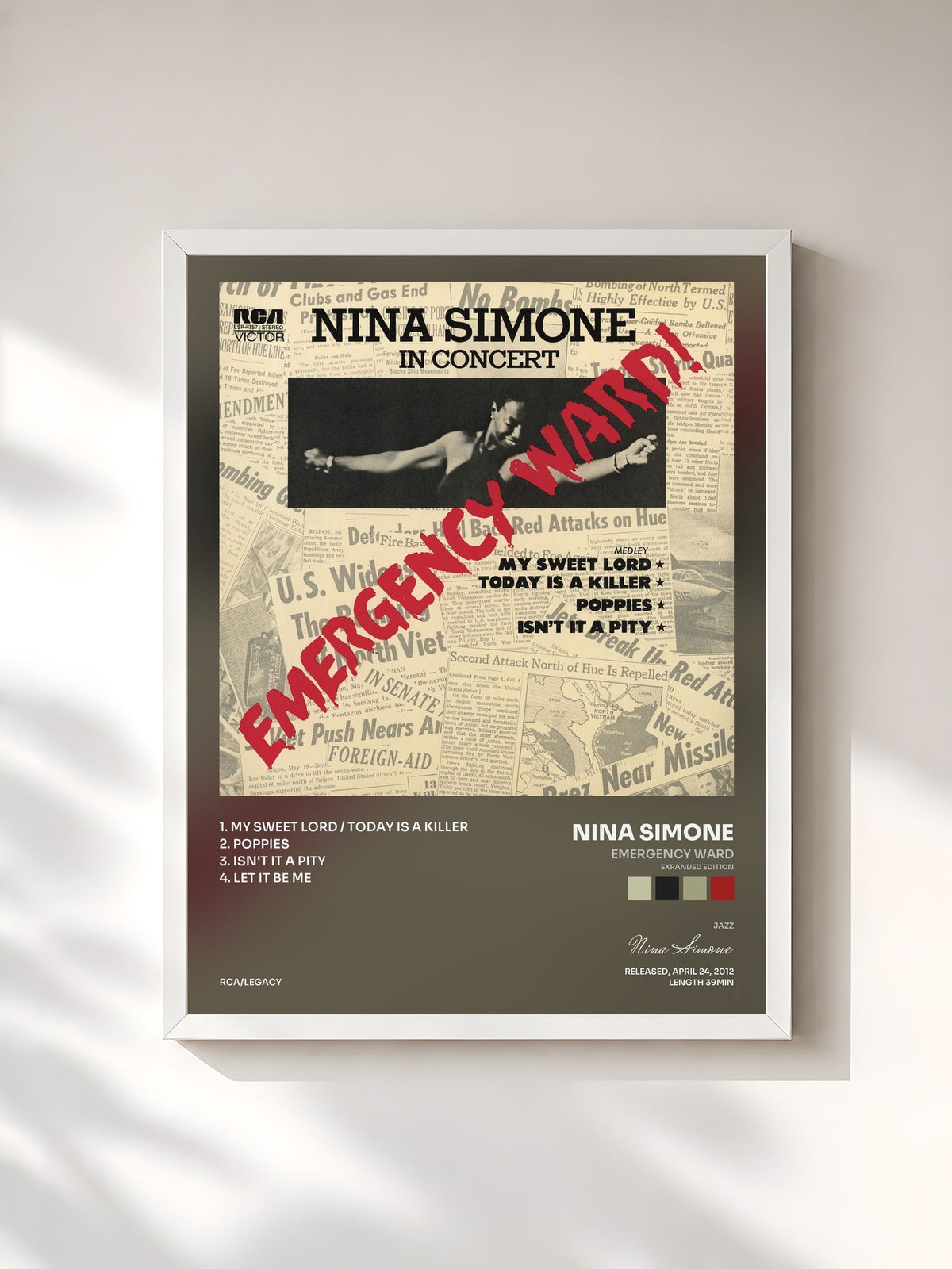 #blanc Tableau de l'album Emergency Ward (Expanded Edition) de Nina Simone, cadre blanc, imprimé et encadré en France