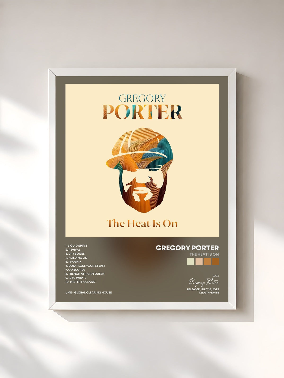 #blanc The Heat Is On by Gregory Porter as a framed art print, white frame, printed and framed in France