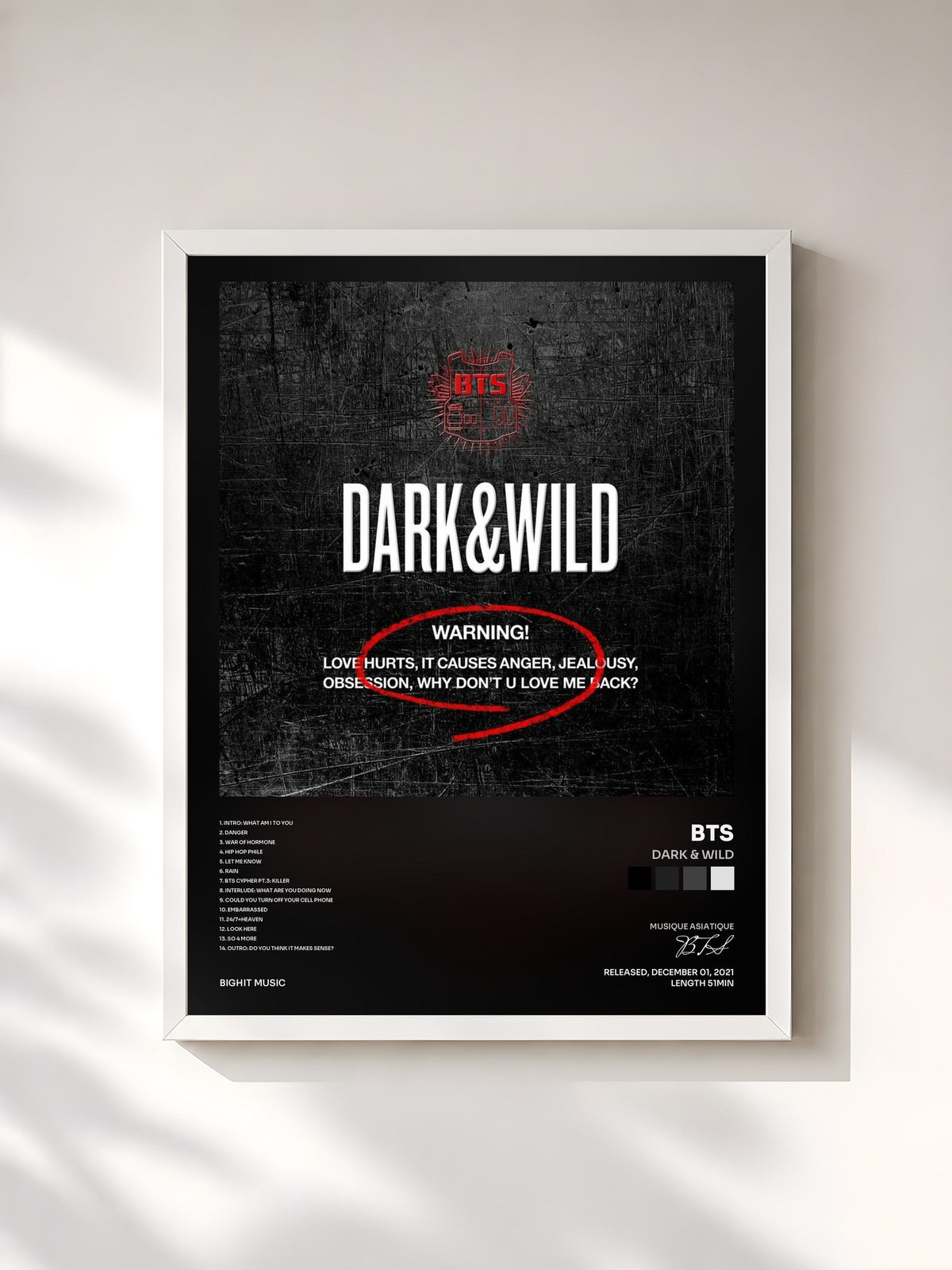 #blanc Tableau de l'album Dark & Wild de BTS, cadre blanc, imprimé et encadré en France