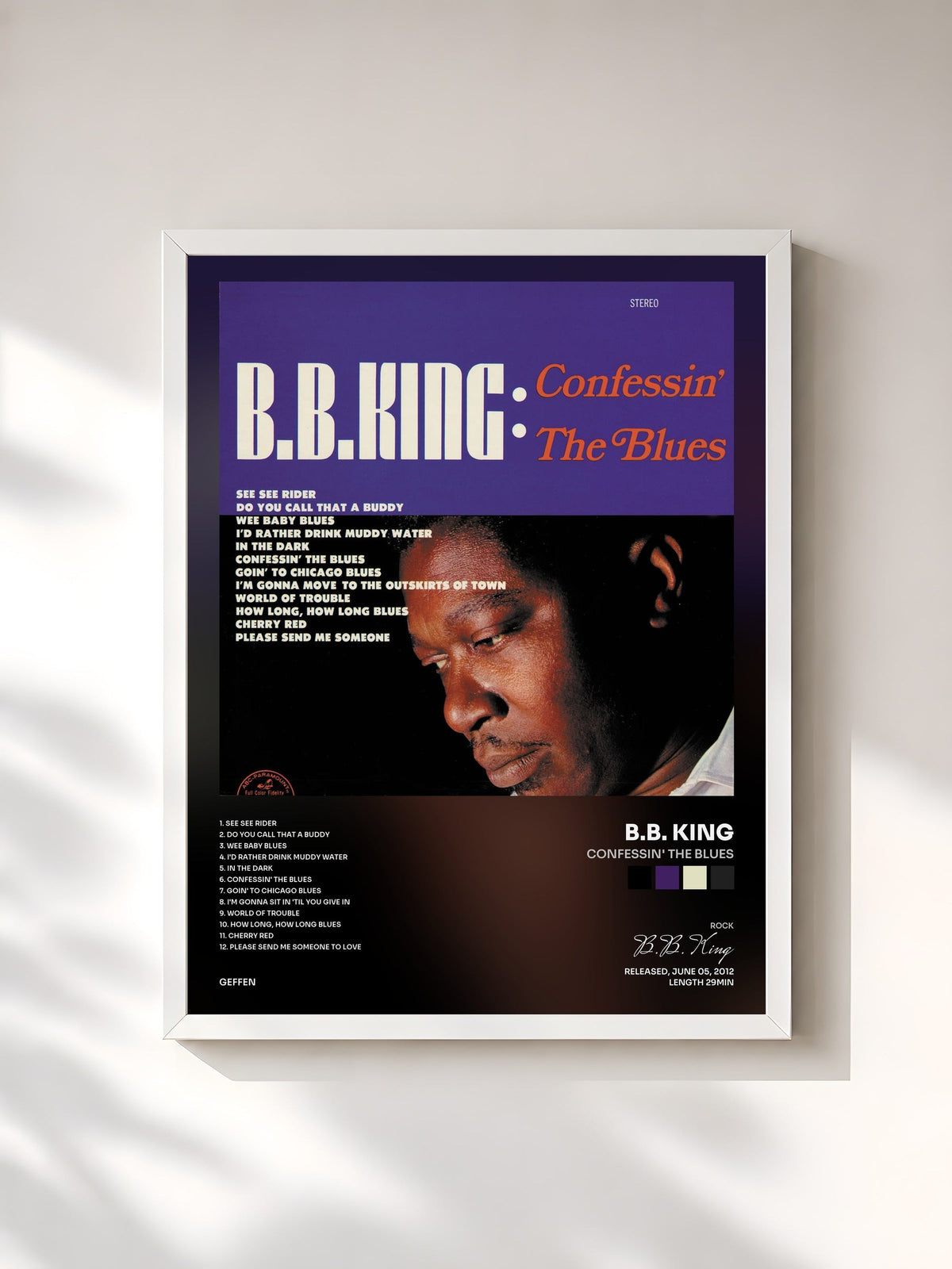 #blanc Confessin' The Blues de B.B. King en lámina enmarcada, marco blanco, impresa y enmarcada en Francia