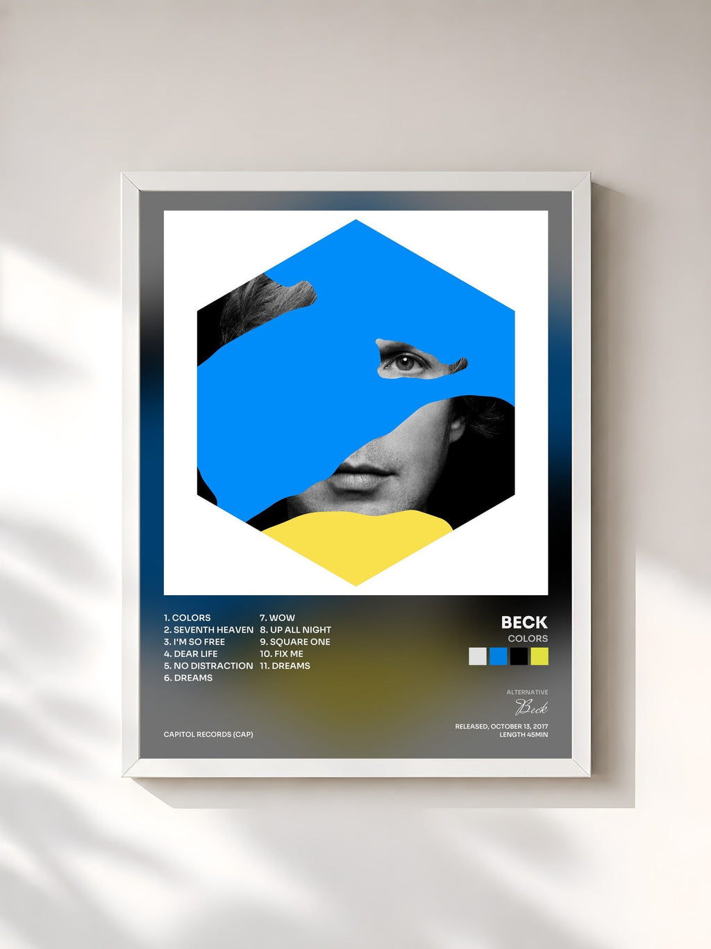 #blanc Tableau de l'album Colors de Beck, cadre blanc, imprimé et encadré en France