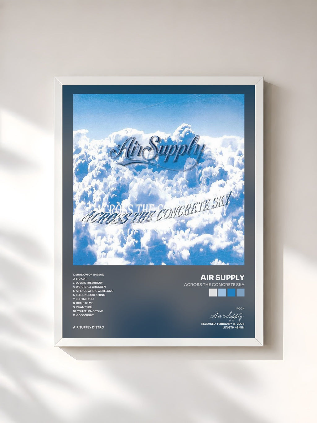 #blanc Across The Concrete Sky by Air Supply as a framed art print, white frame, printed and framed in France