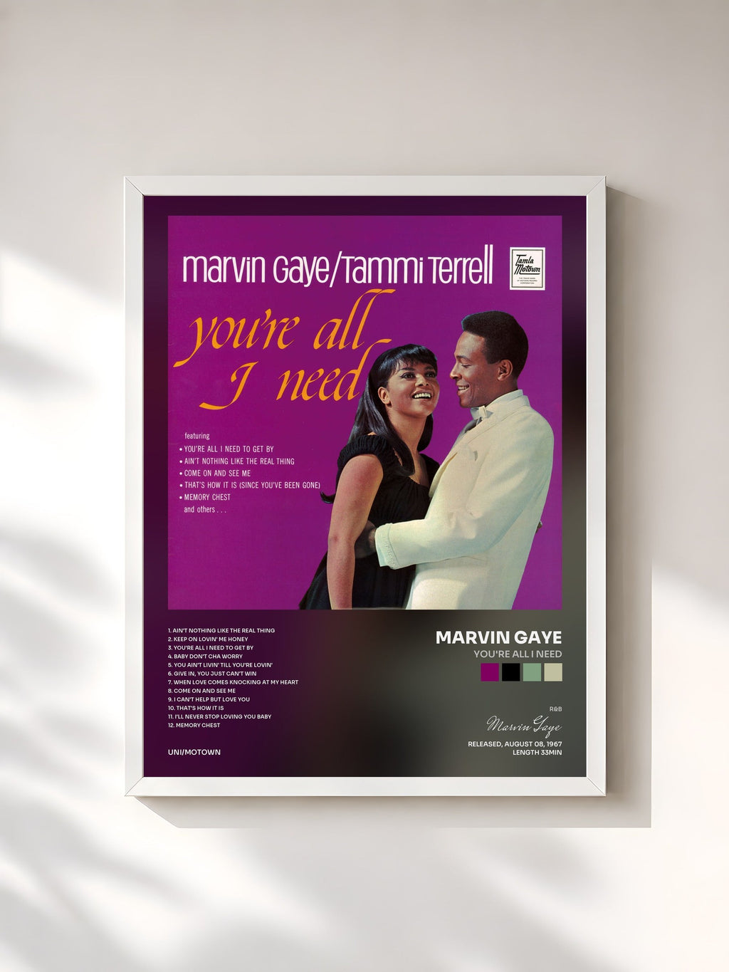 #blanc Tableau de l'album You're All I Need de Marvin Gaye, cadre blanc, imprimé et encadré en France