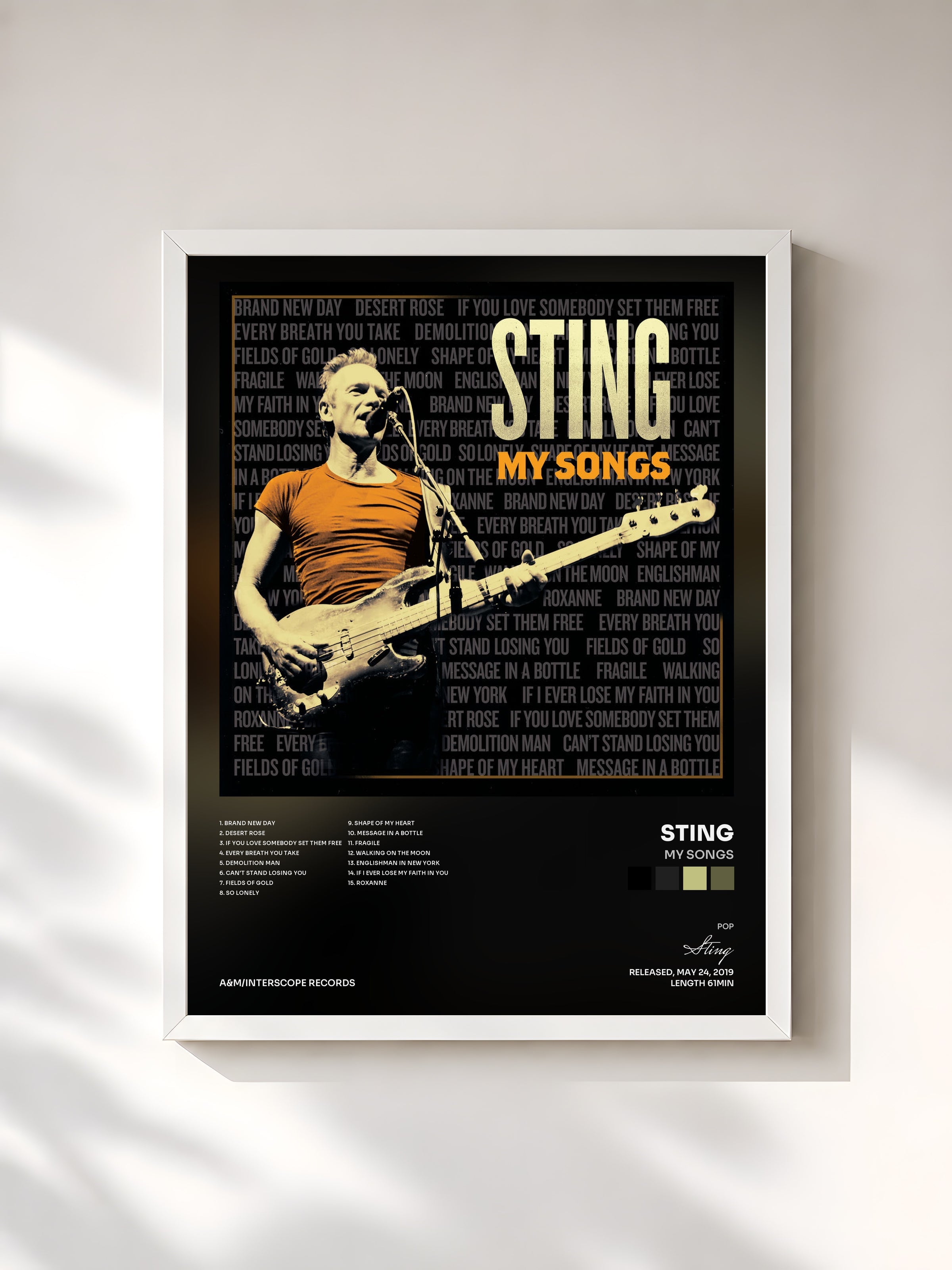 #blanc My Songs by Sting as a framed art print, white frame, printed and framed in France