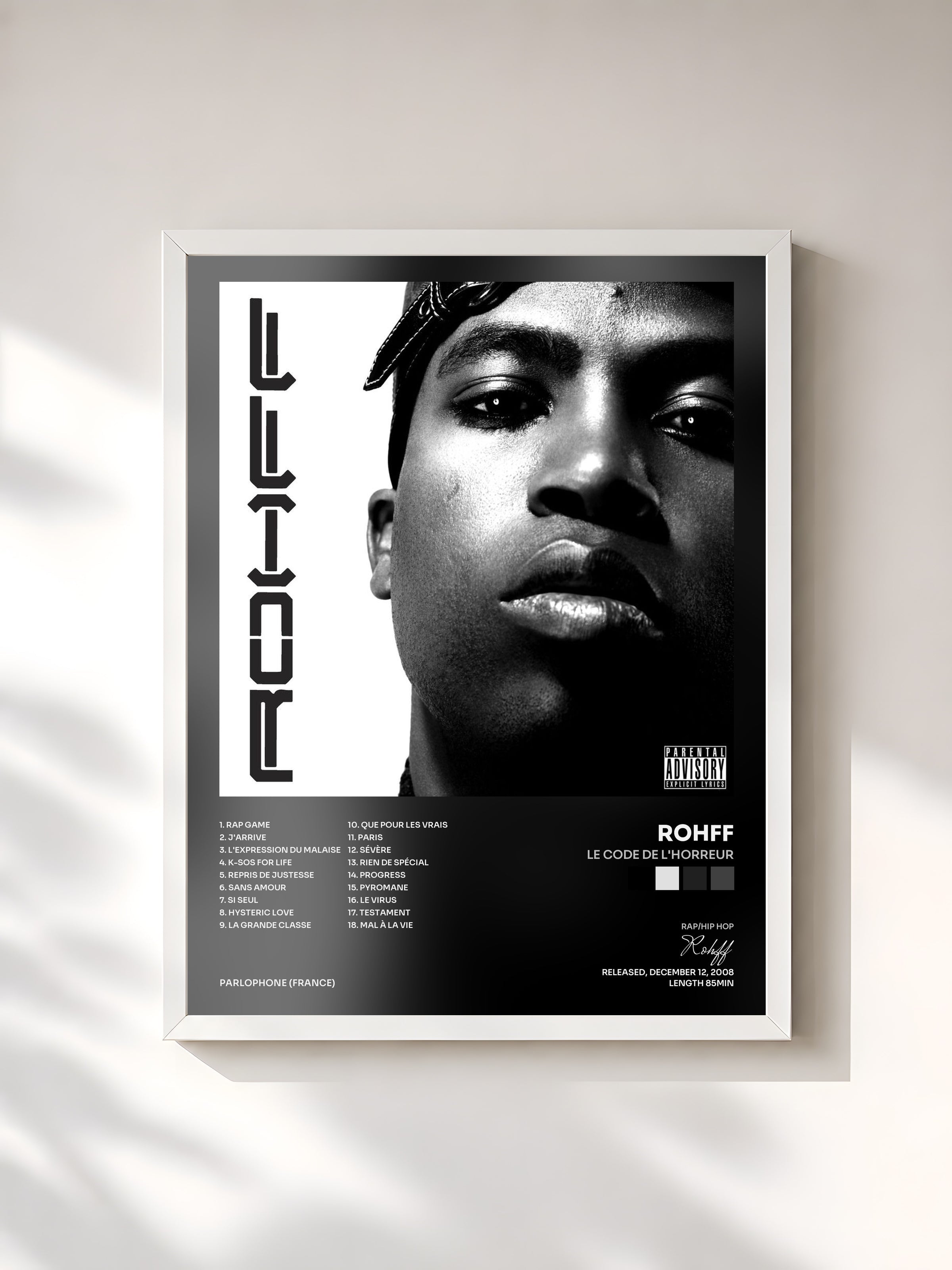 #blanc Tableau de l'album Le Code De L'horreur de Rohff, cadre blanc, imprimé et encadré en France
