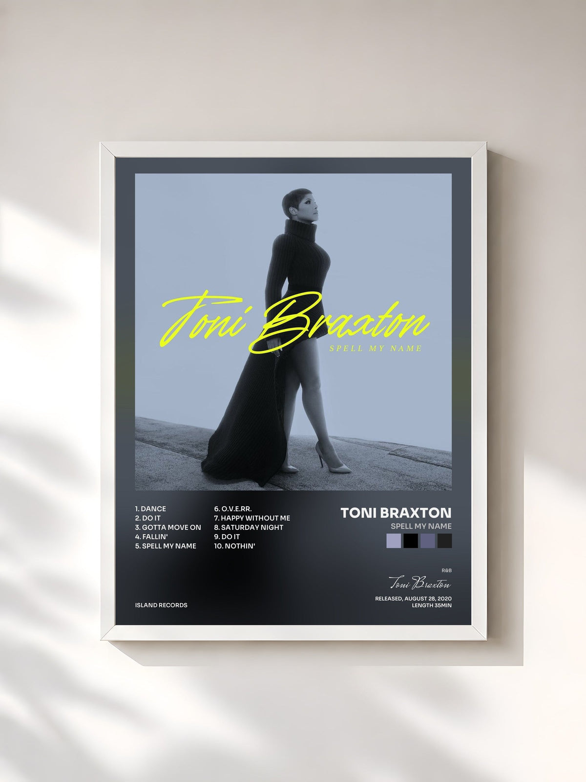 #blanc Tableau de l'album Spell My Name de Toni Braxton, cadre blanc, imprimé et encadré en France