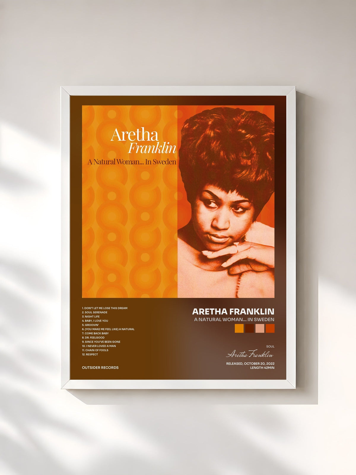 #blanc Tableau de l'album A Natural Woman... in Sweden de Aretha Franklin, cadre blanc, imprimé et encadré en France
