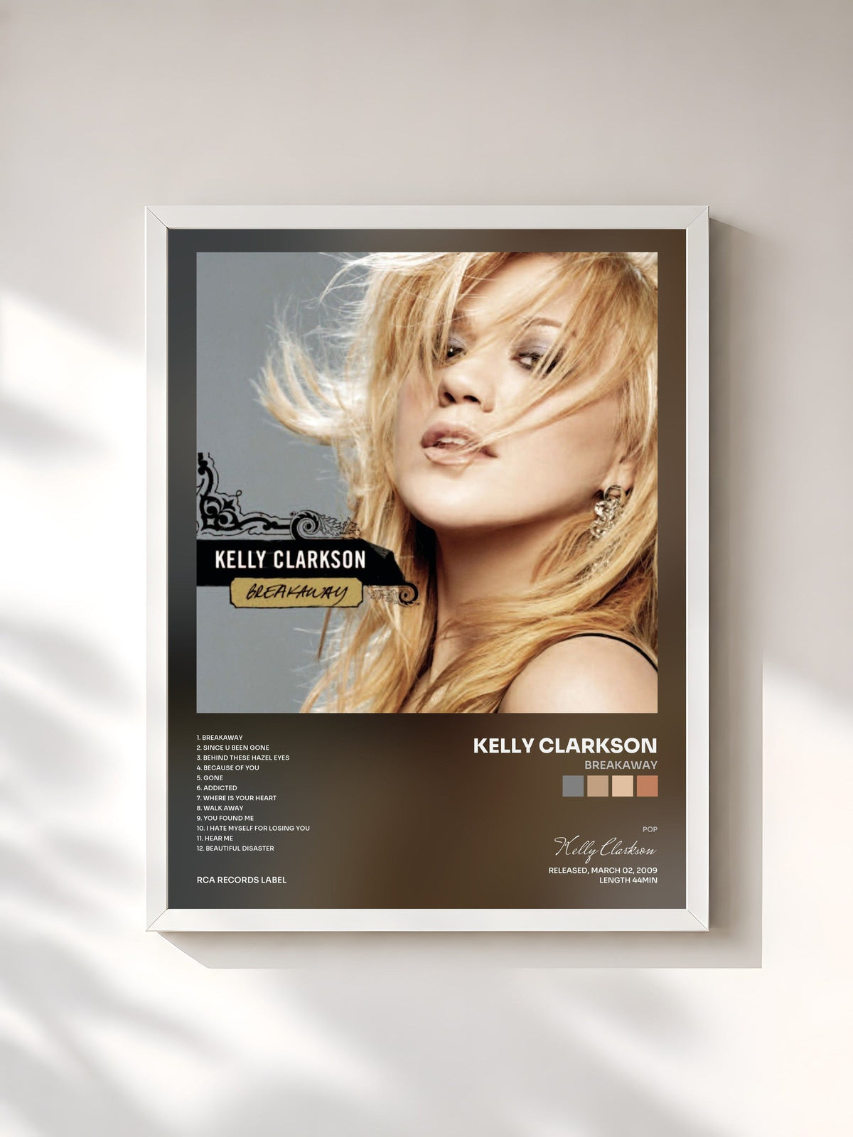 #blanc Tableau de l'album Breakaway de Kelly Clarkson, cadre blanc, imprimé et encadré en France