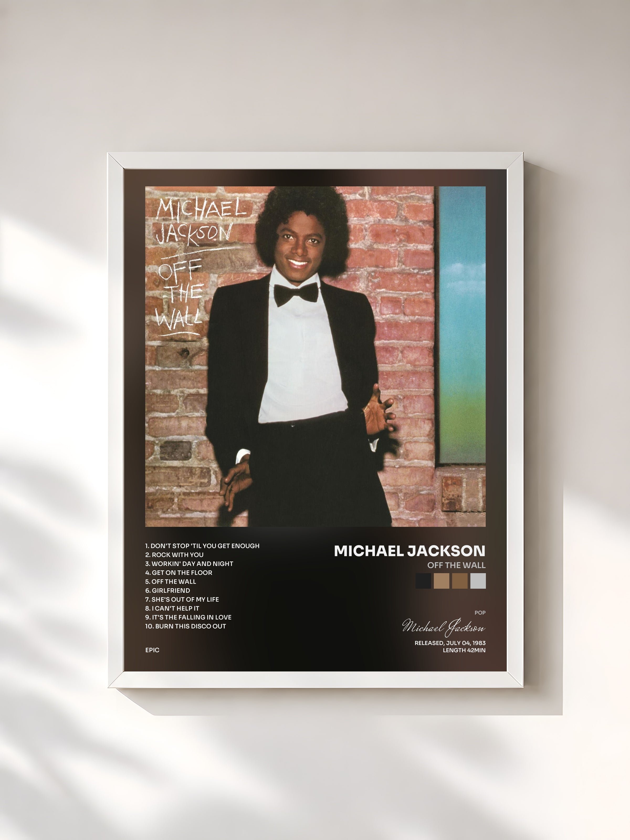 #blanc Tableau de l'album Off the Wall de Michael Jackson, cadre blanc, imprimé et encadré en France