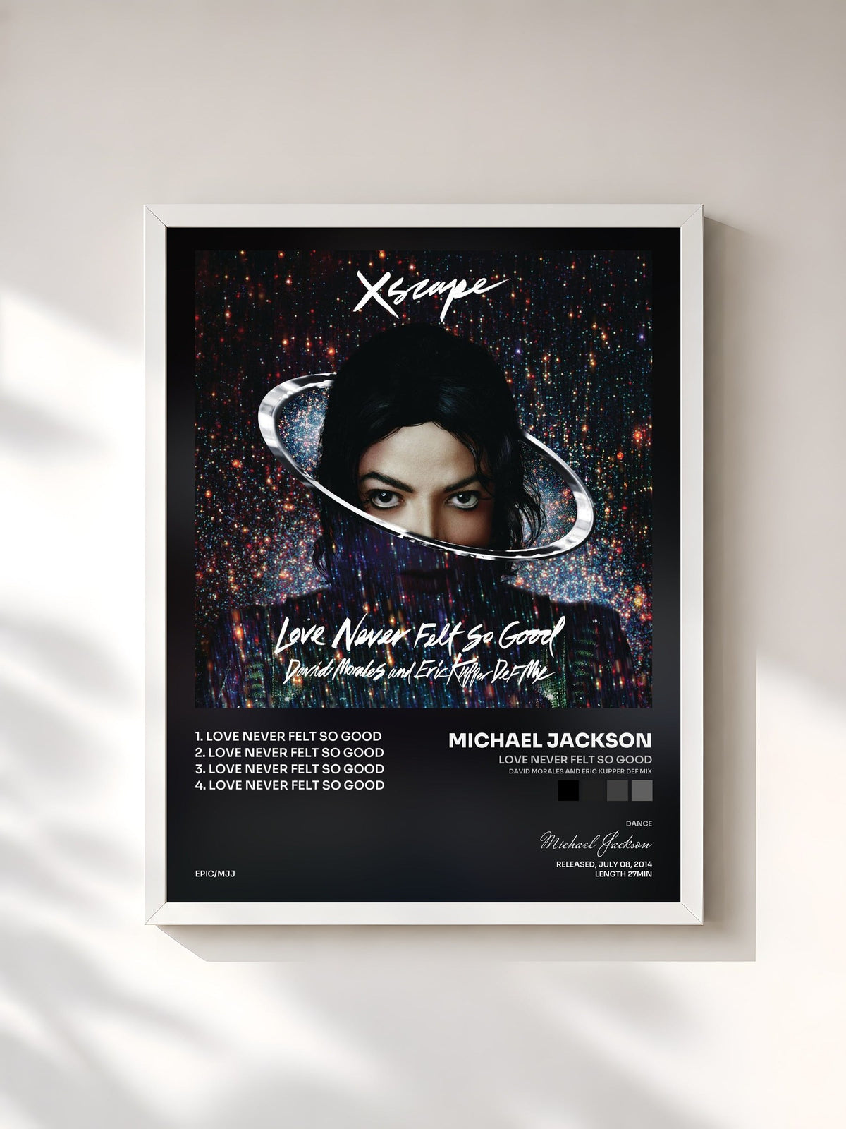 #blanc Tableau de l'album Love Never Felt So Good (David Morales and Eric Kupper Def Mix) de Michael Jackson, cadre blanc, imprimé et encadré en France