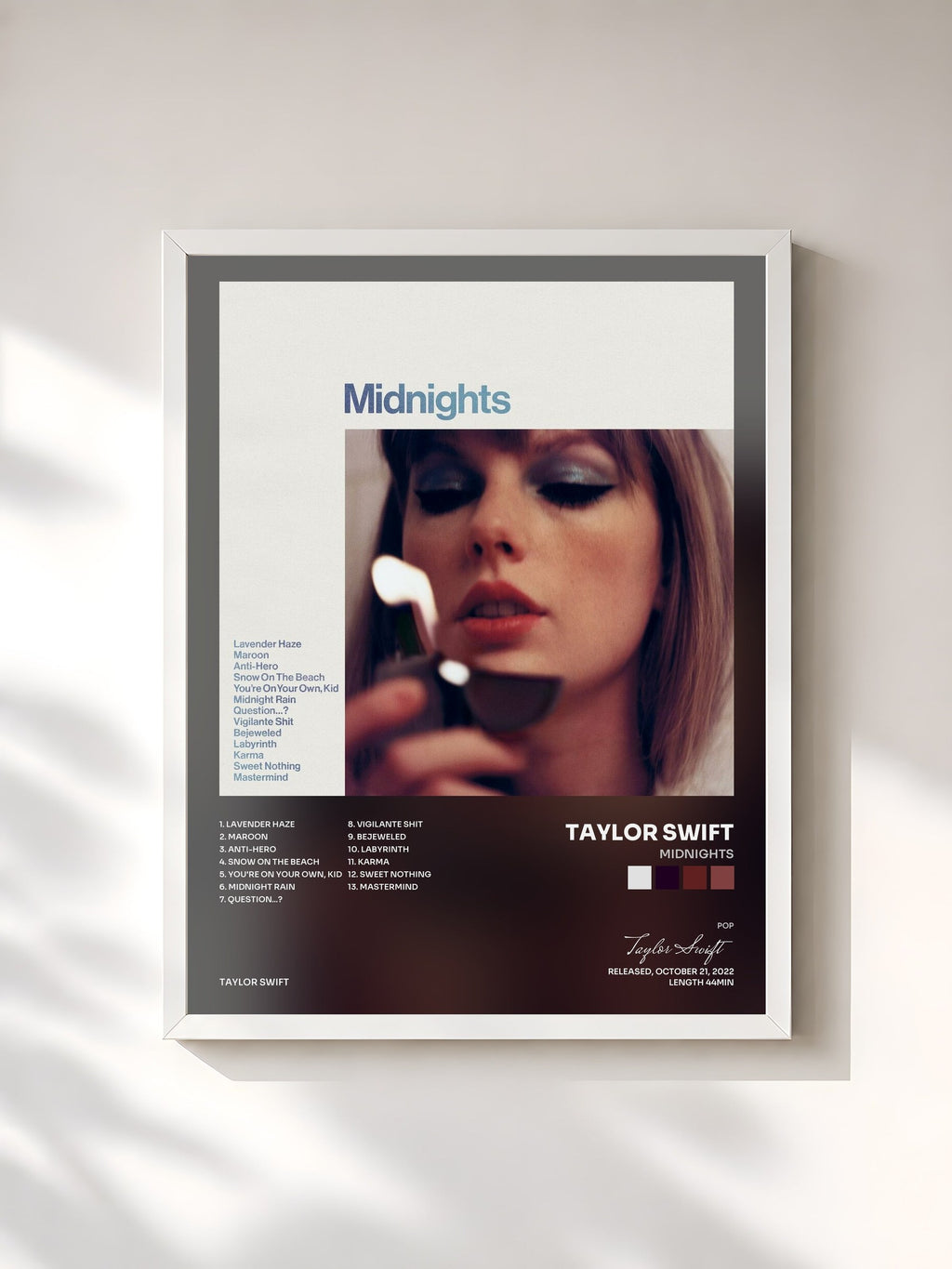 #blanc Tableau de l'album Midnights de Taylor Swift, cadre blanc, imprimé et encadré en France