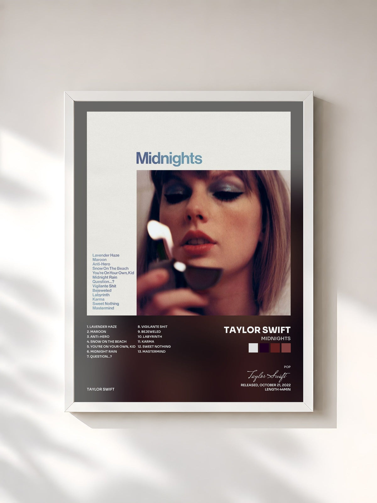 #blanc Tableau de l'album Midnights de Taylor Swift, cadre blanc, imprimé et encadré en France