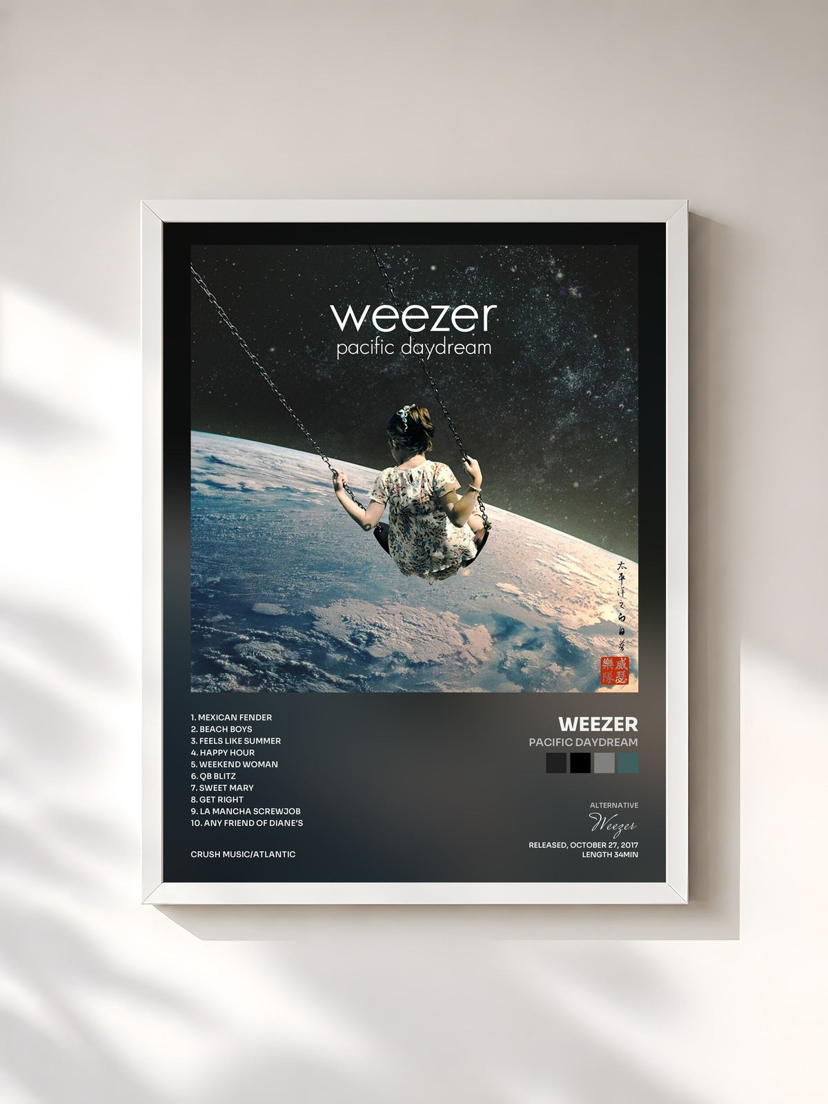#blanc Tableau de l'album Pacific Daydream de Weezer, cadre blanc, imprimé et encadré en France