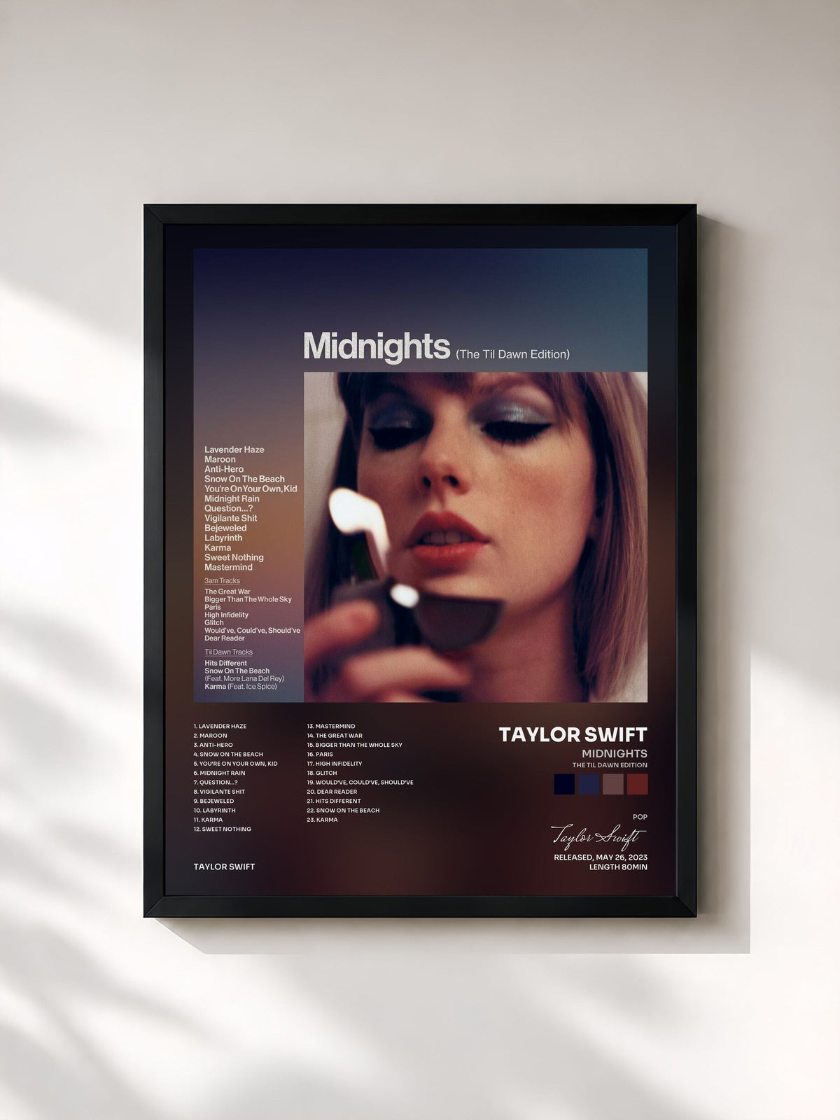 #noir Tableau de l'album Midnights (The Til Dawn Edition) de Taylor Swift, cadre noir, imprimé et encadré en France