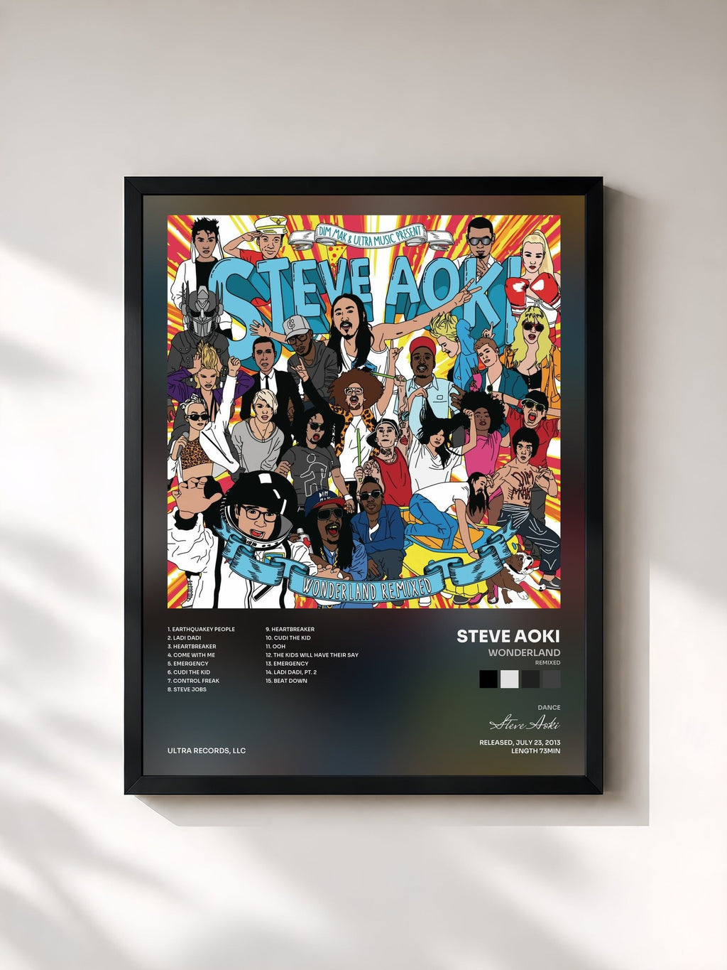 #noir Tableau de l'album Wonderland (Remixed) de Steve Aoki, cadre noir, imprimé et encadré en France
