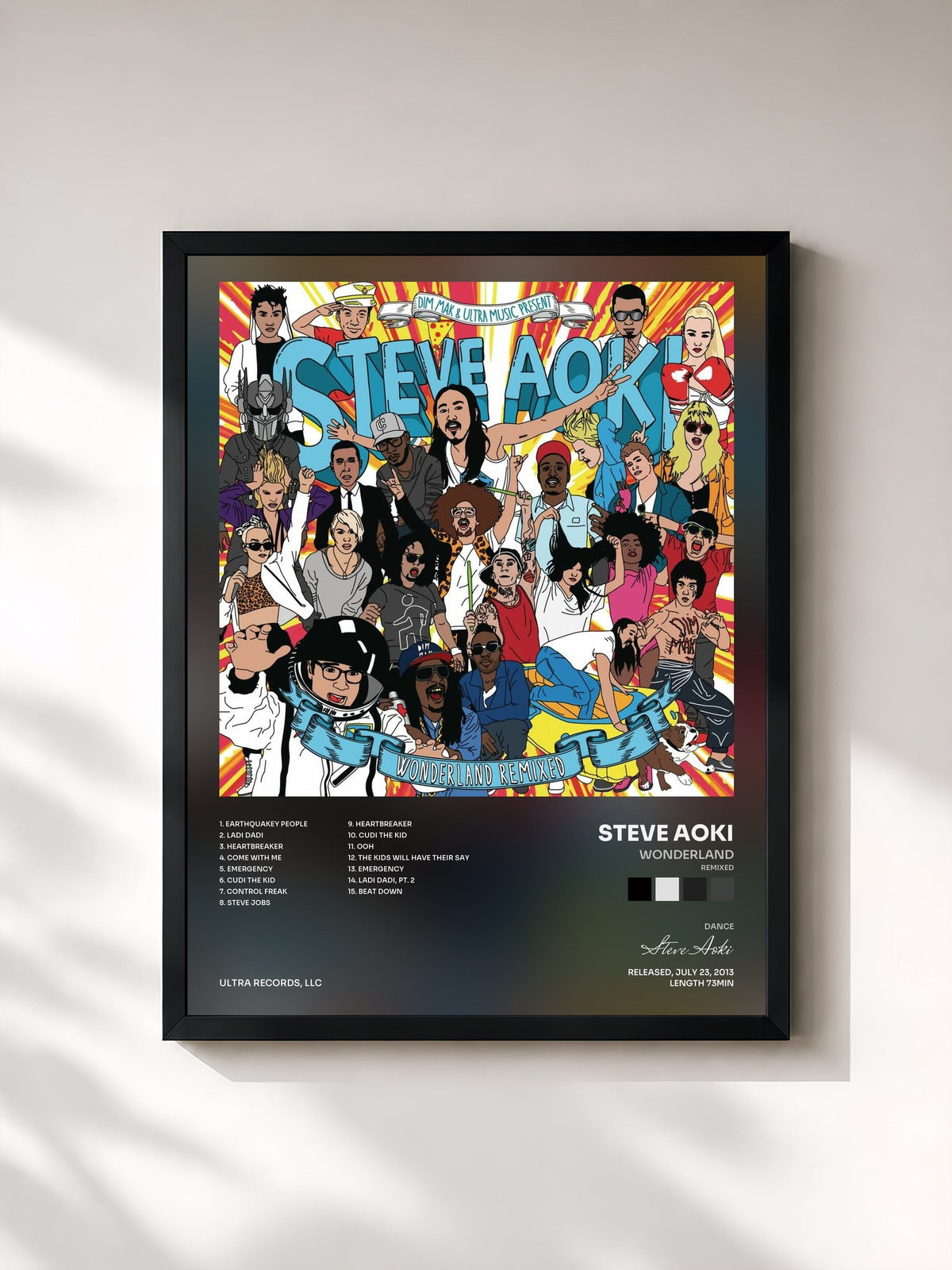 #noir Tableau de l'album Wonderland (Remixed) de Steve Aoki, cadre noir, imprimé et encadré en France