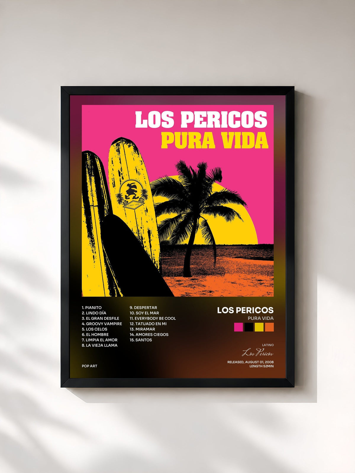 #noir Tableau de l'album Pura Vida de Los Pericos, cadre noir, imprimé et encadré en France