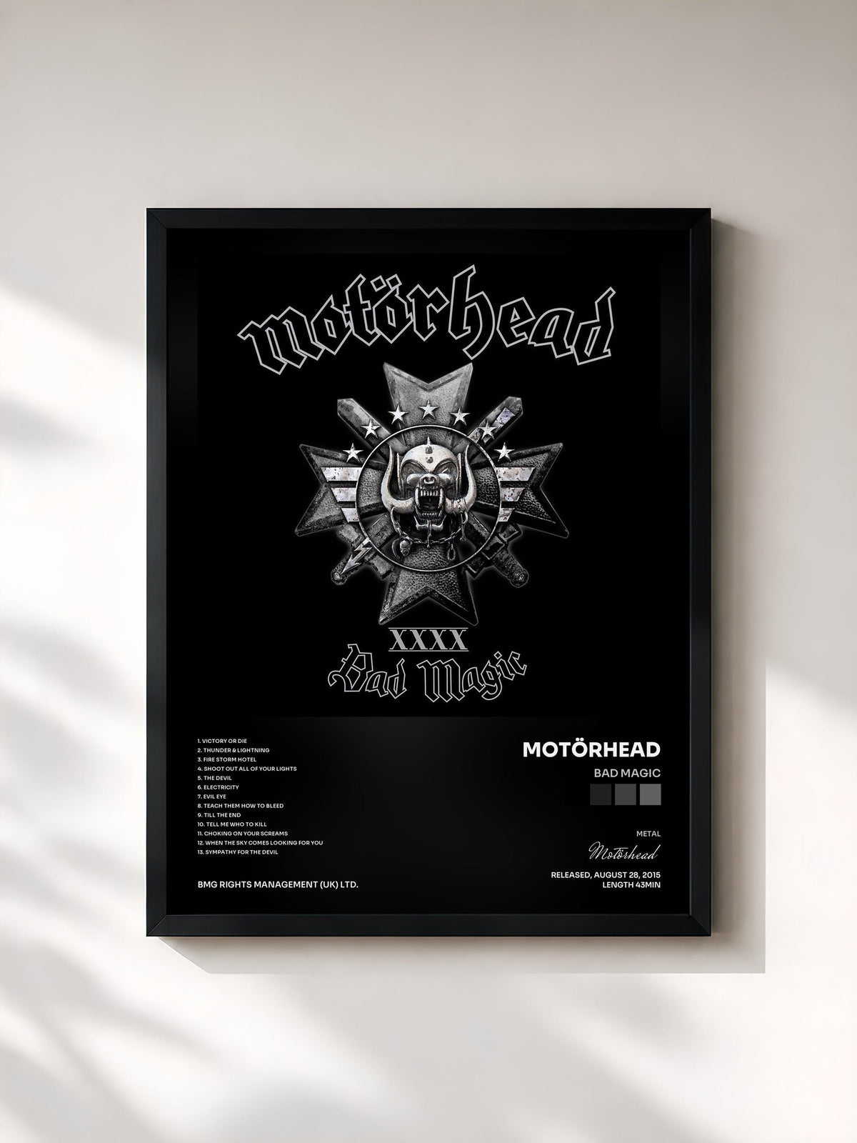 #noir Tableau de l'album Bad Magic de Motörhead, cadre noir, imprimé et encadré en France