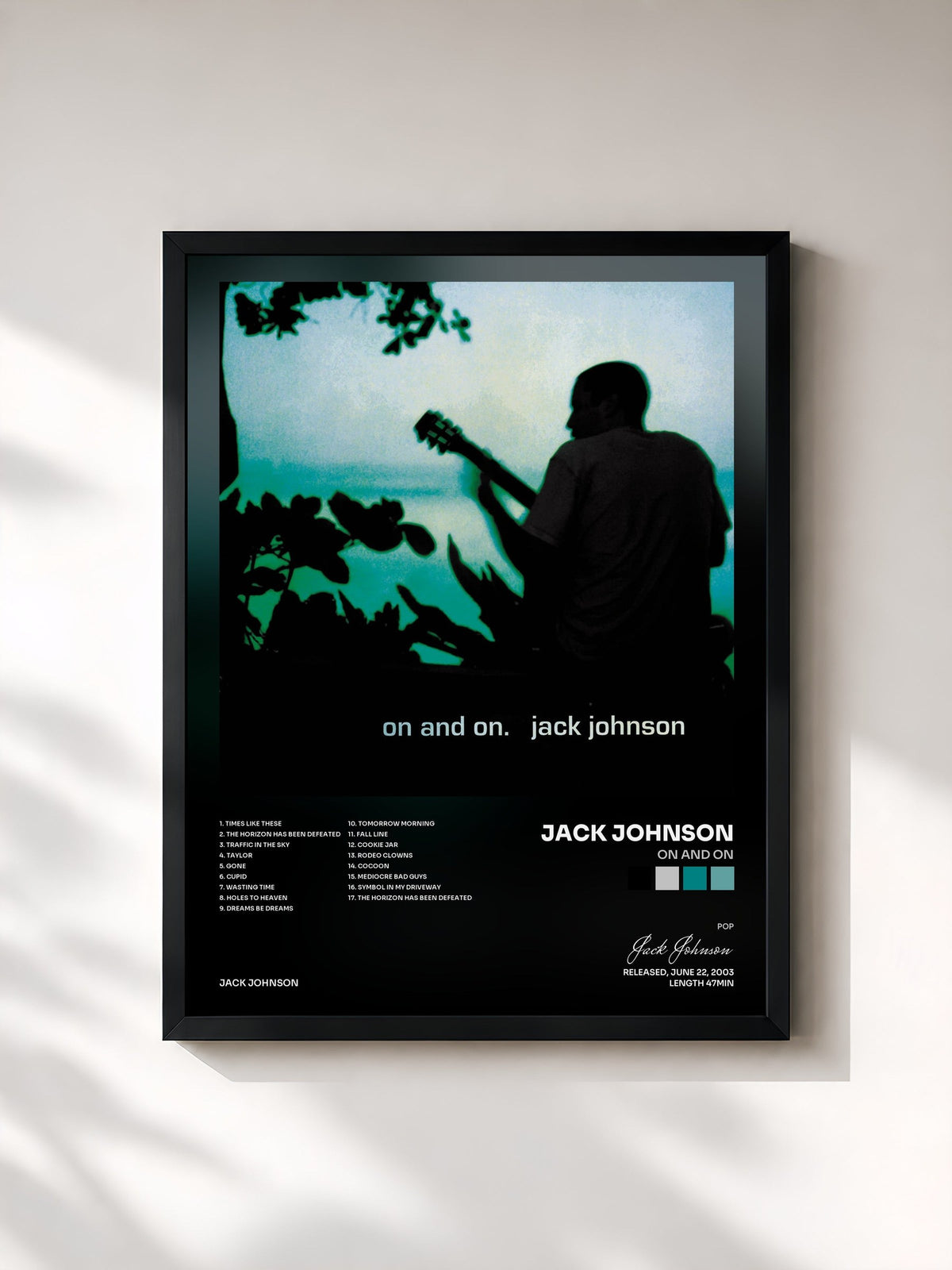 #noir On and On von Jack Johnson als gerahmter Kunstdruck, schwarzer Rahmen, gedruckt und gerahmt in Frankreich